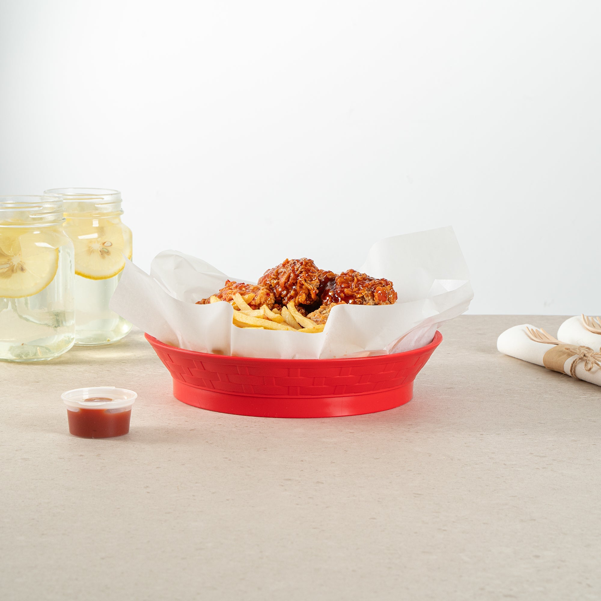 Chef 101 Round Red Plastic Diner Platter - with Base - 8 3/4" x 8 3/4" x 1 3/4" - 100 count box