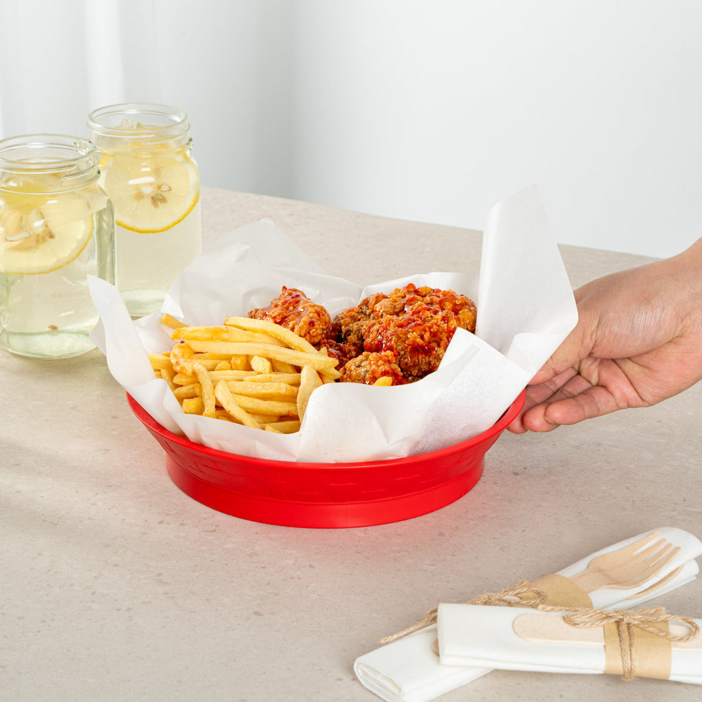 Chef 101 Round Red Plastic Diner Platter - with Base - 8 3/4" x 8 3/4" x 1 3/4" - 100 count box