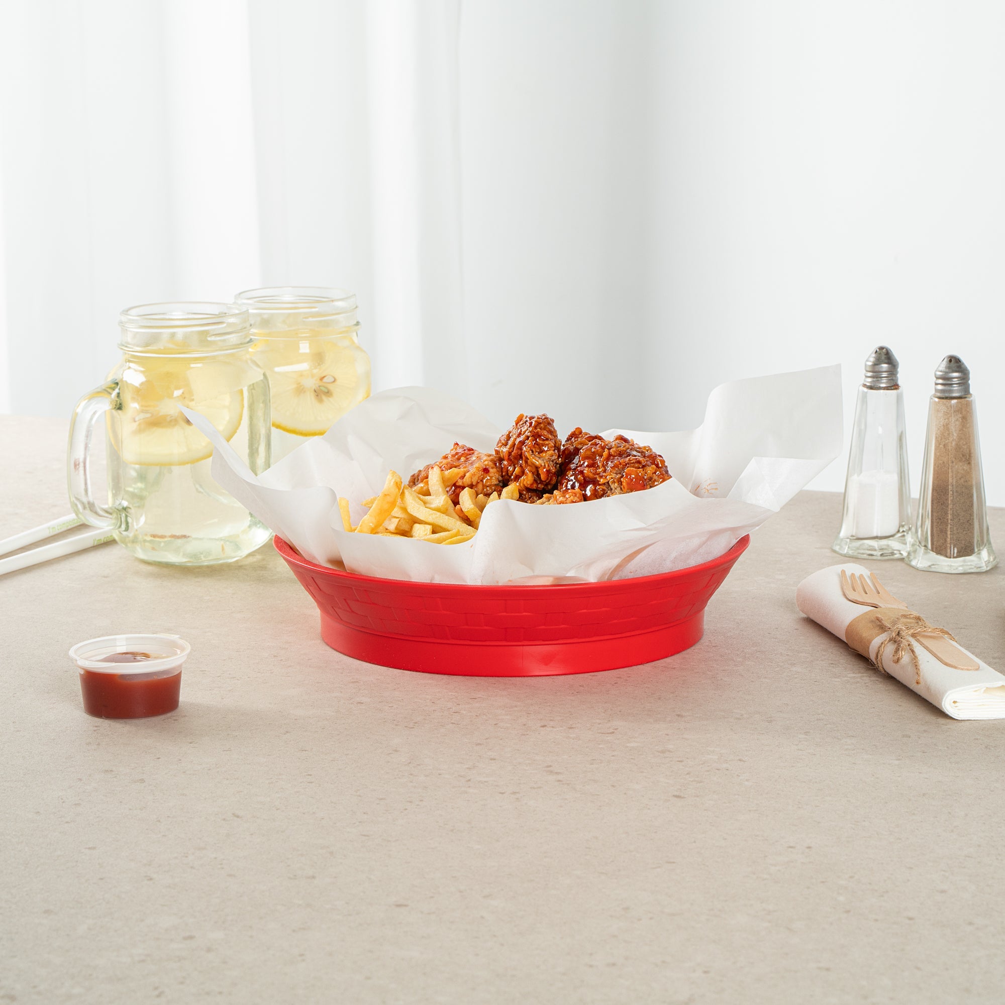 Chef 101 Round Red Plastic Diner Platter - with Base - 8 3/4" x 8 3/4" x 1 3/4" - 100 count box