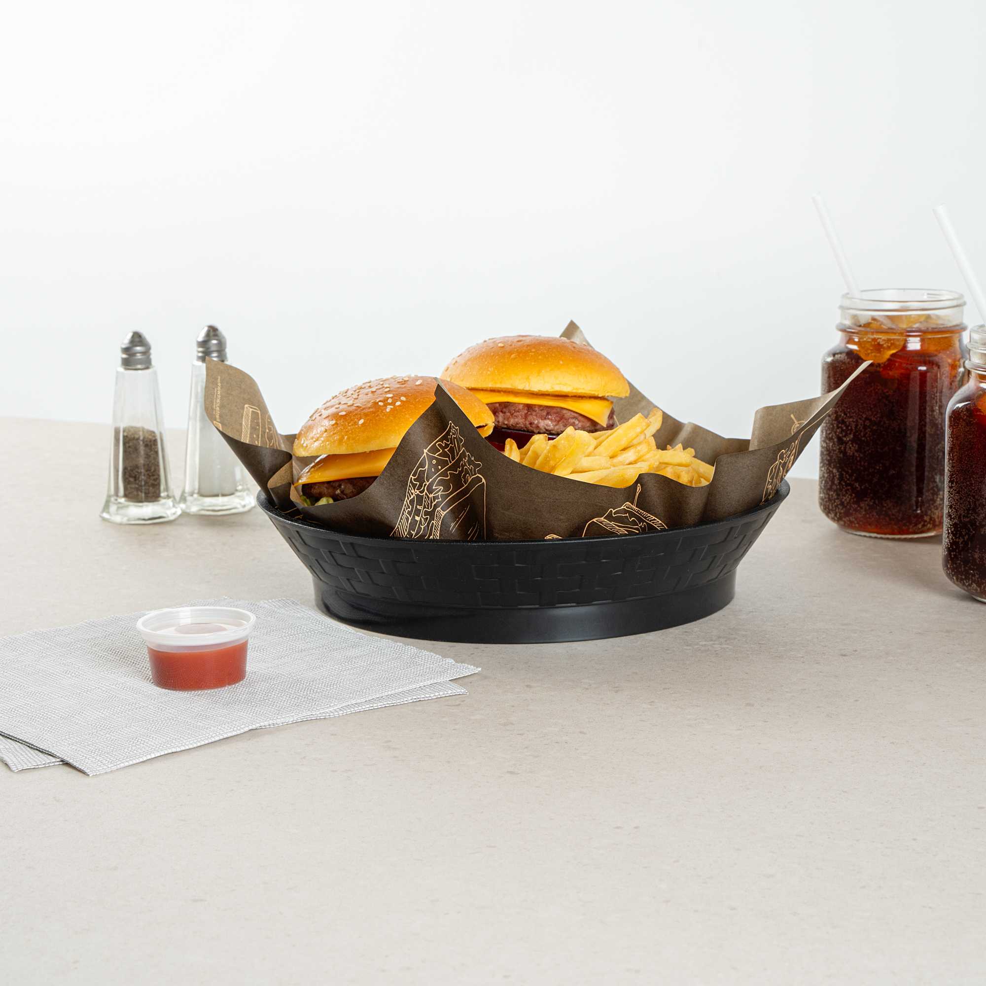 Chef 101 Round Black Plastic Diner Platter - with Base - 10 1/2" x 10 1/2" x 2 1/4" - 10 count box