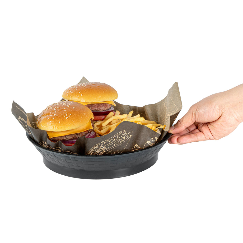 Chef 101 Round Black Plastic Diner Platter - with Base - 10 1/2" x 10 1/2" x 2 1/4" - 100 count box