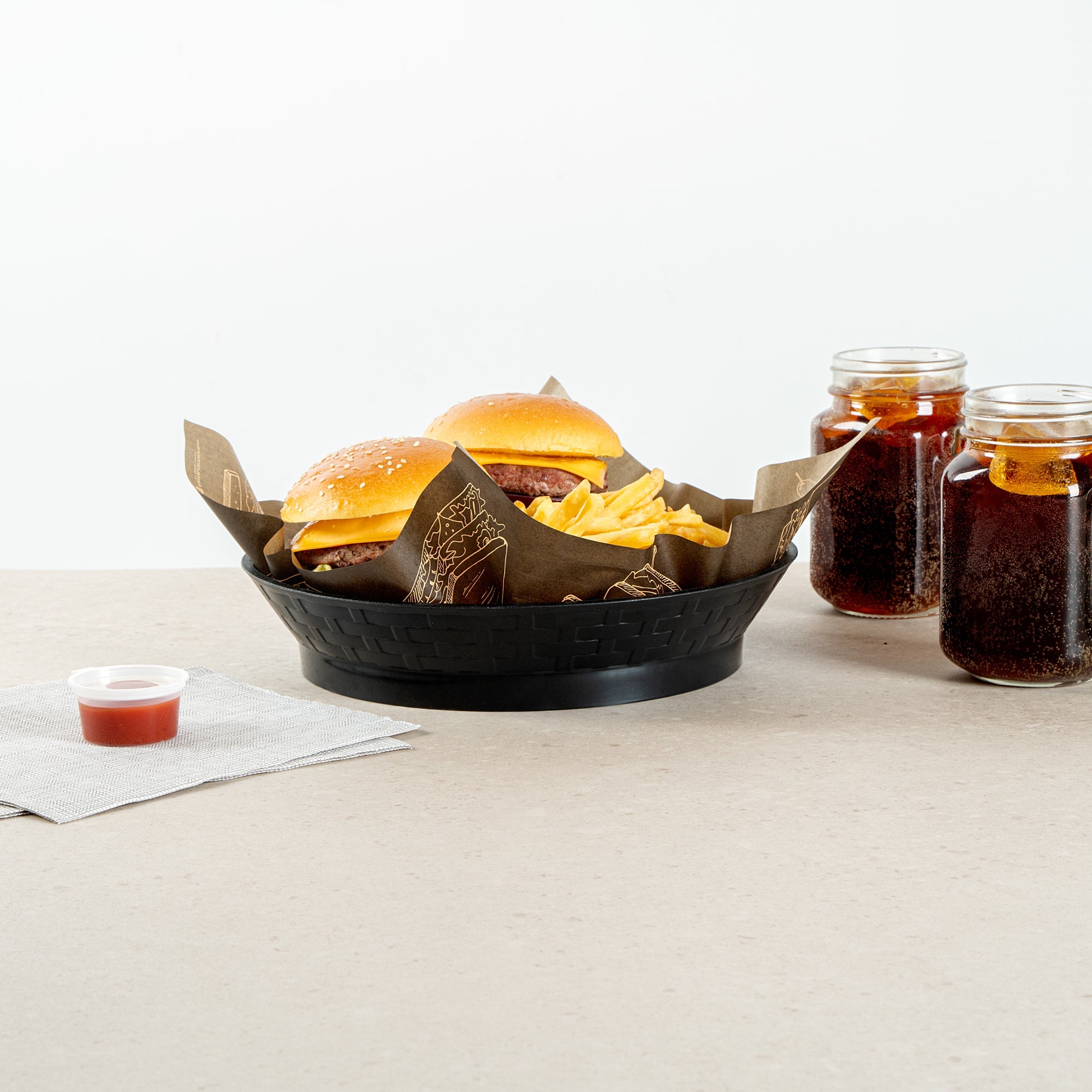 Chef 101 Round Black Plastic Diner Platter - with Base - 10 1/2" x 10 1/2" x 2 1/4" - 100 count box