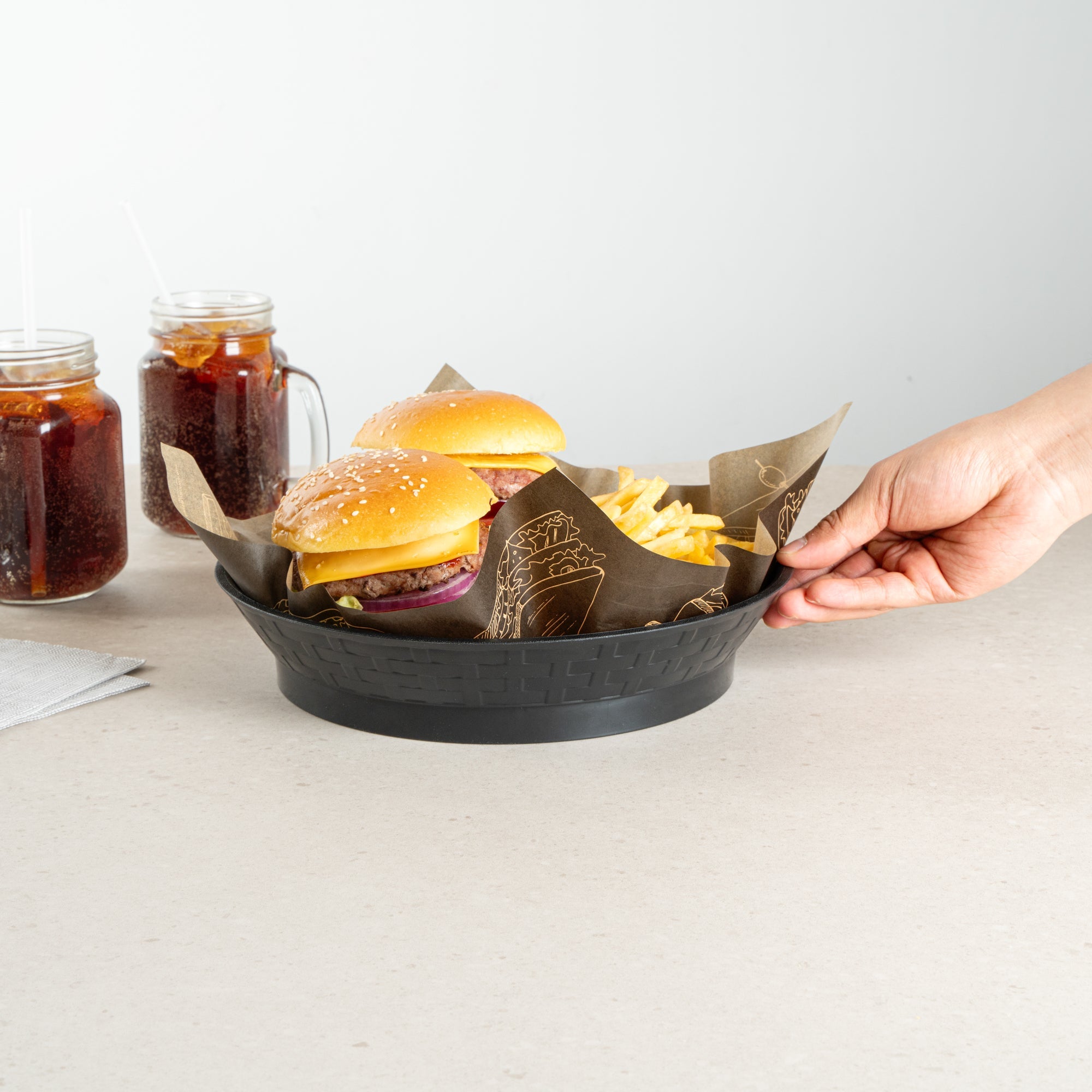 Chef 101 Round Black Plastic Diner Platter - with Base - 10 1/2" x 10 1/2" x 2 1/4" - 100 count box