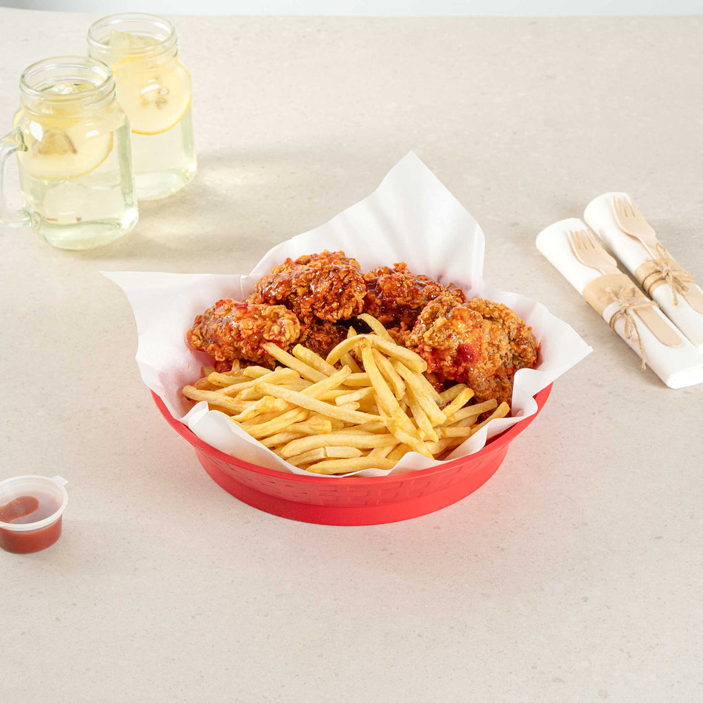 Chef 101 Round Red Plastic Diner Platter - with Base - 10 1/2" x 10 1/2" x 2 1/4" - 10 count box