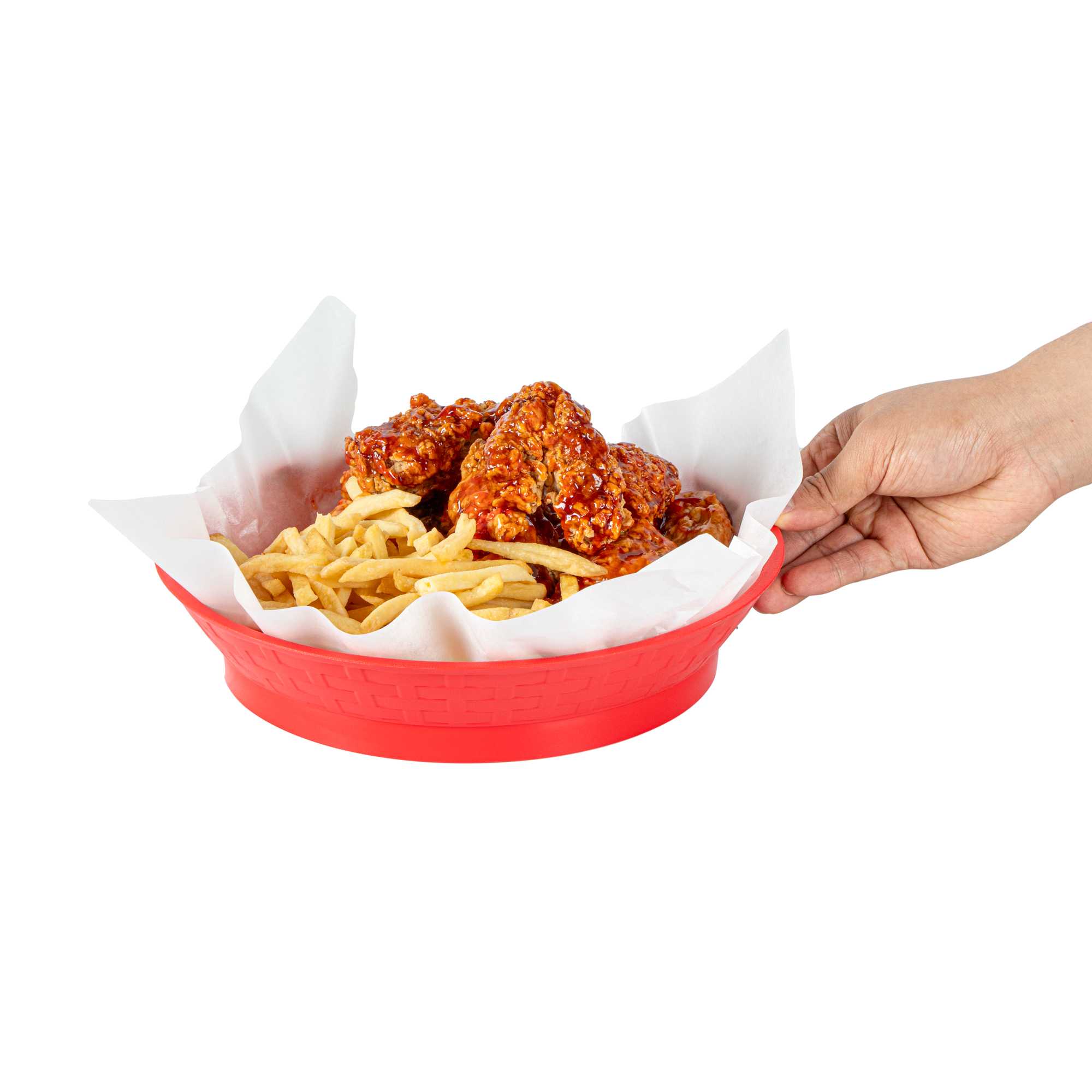 Chef 101 Round Red Plastic Diner Platter - with Base - 10 1/2" x 10 1/2" x 2 1/4" - 10 count box