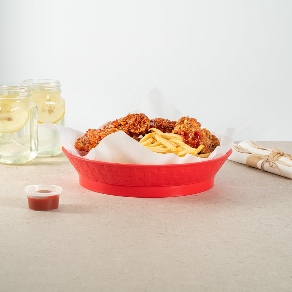 Chef 101 Round Red Plastic Diner Platter - with Base - 10 1/2" x 10 1/2" x 2 1/4" - 100 count box