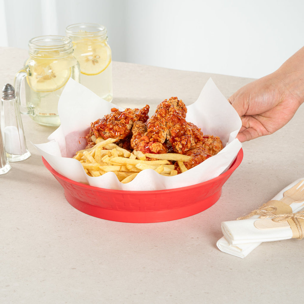 Chef 101 Round Red Plastic Diner Platter - with Base - 10 1/2" x 10 1/2" x 2 1/4" - 100 count box