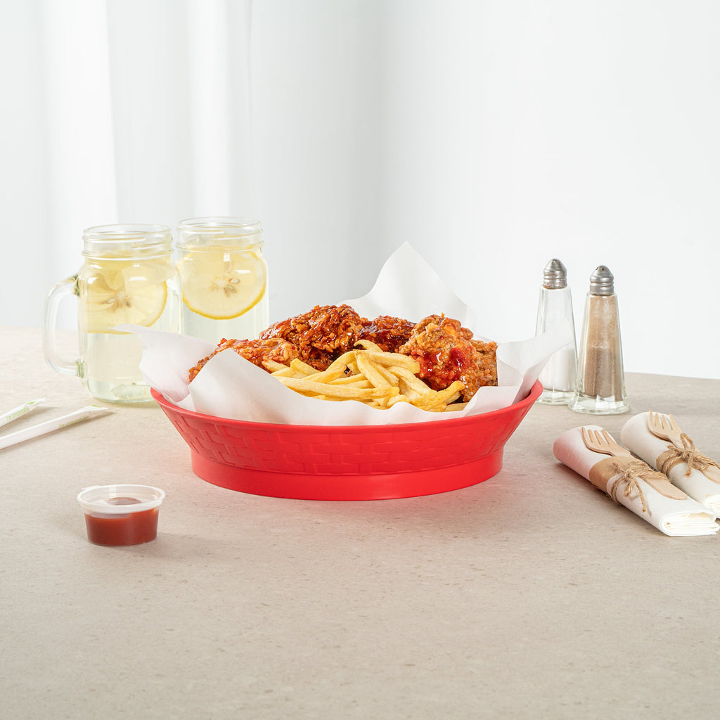 Chef 101 Round Red Plastic Diner Platter - with Base - 10 1/2" x 10 1/2" x 2 1/4" - 100 count box