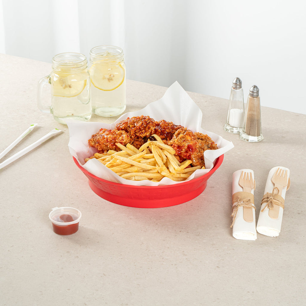 Chef 101 Round Red Plastic Diner Platter - with Base - 10 1/2" x 10 1/2" x 2 1/4" - 100 count box