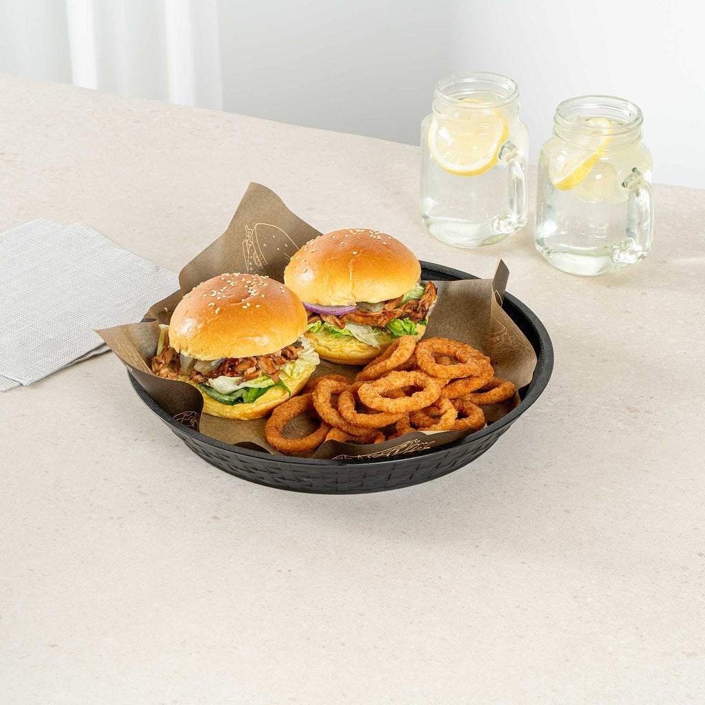 Chef 101 Round Black Plastic Diner Platter - 12" x 12" x 1 3/4" - 10 count box