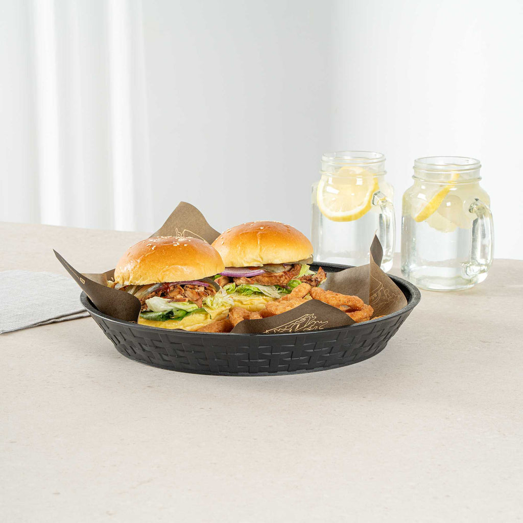 Chef 101 Round Black Plastic Diner Platter - 12" x 12" x 1 3/4" - 10 count box