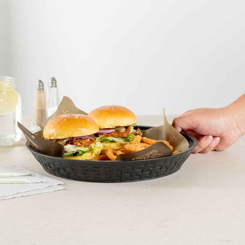 Chef 101 Round Black Plastic Diner Platter - 12" x 12" x 1 3/4" - 10 count box