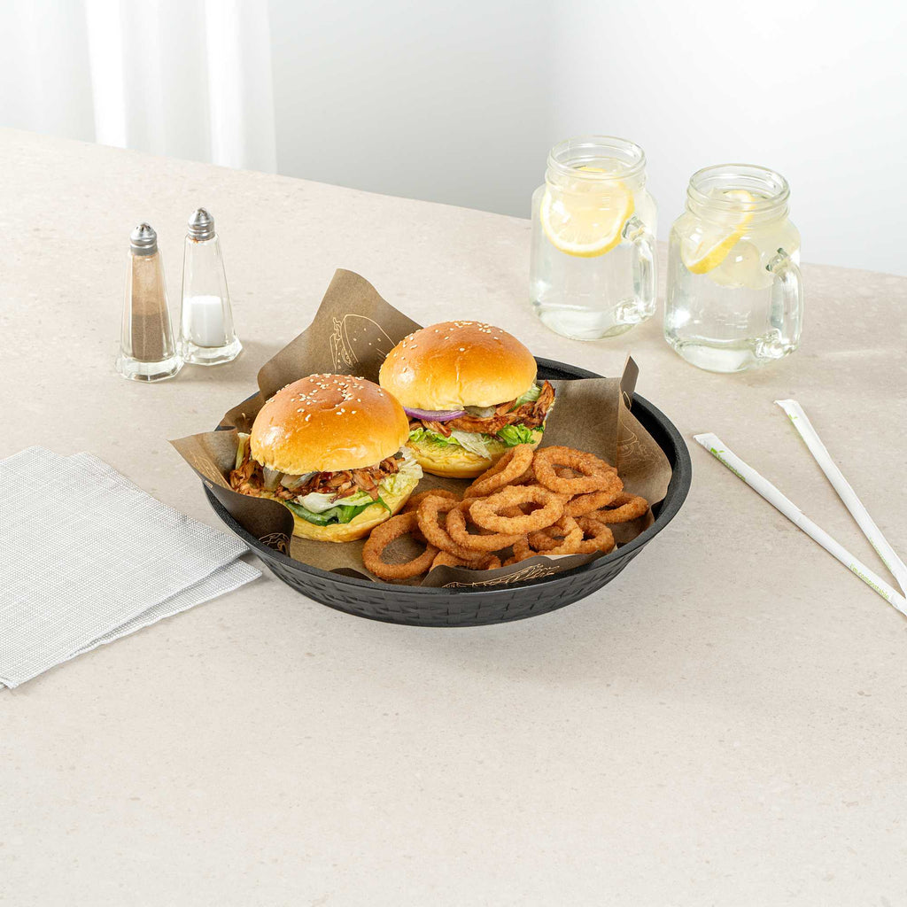 Chef 101 Round Black Plastic Diner Platter - 12" x 12" x 1 3/4" - 10 count box