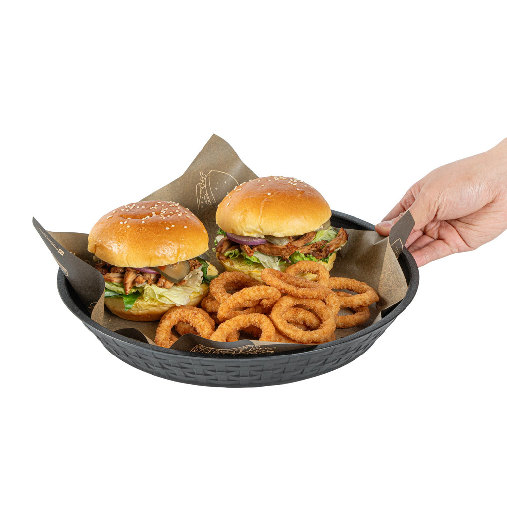 Chef 101 Round Black Plastic Diner Platter - 12" x 12" x 1 3/4" - 100 count box