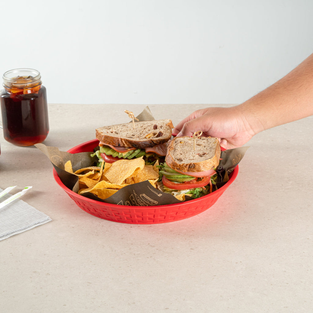 Chef 101 Round Red Plastic Diner Platter - 12" x 12" x 1 3/4" - 100 count box