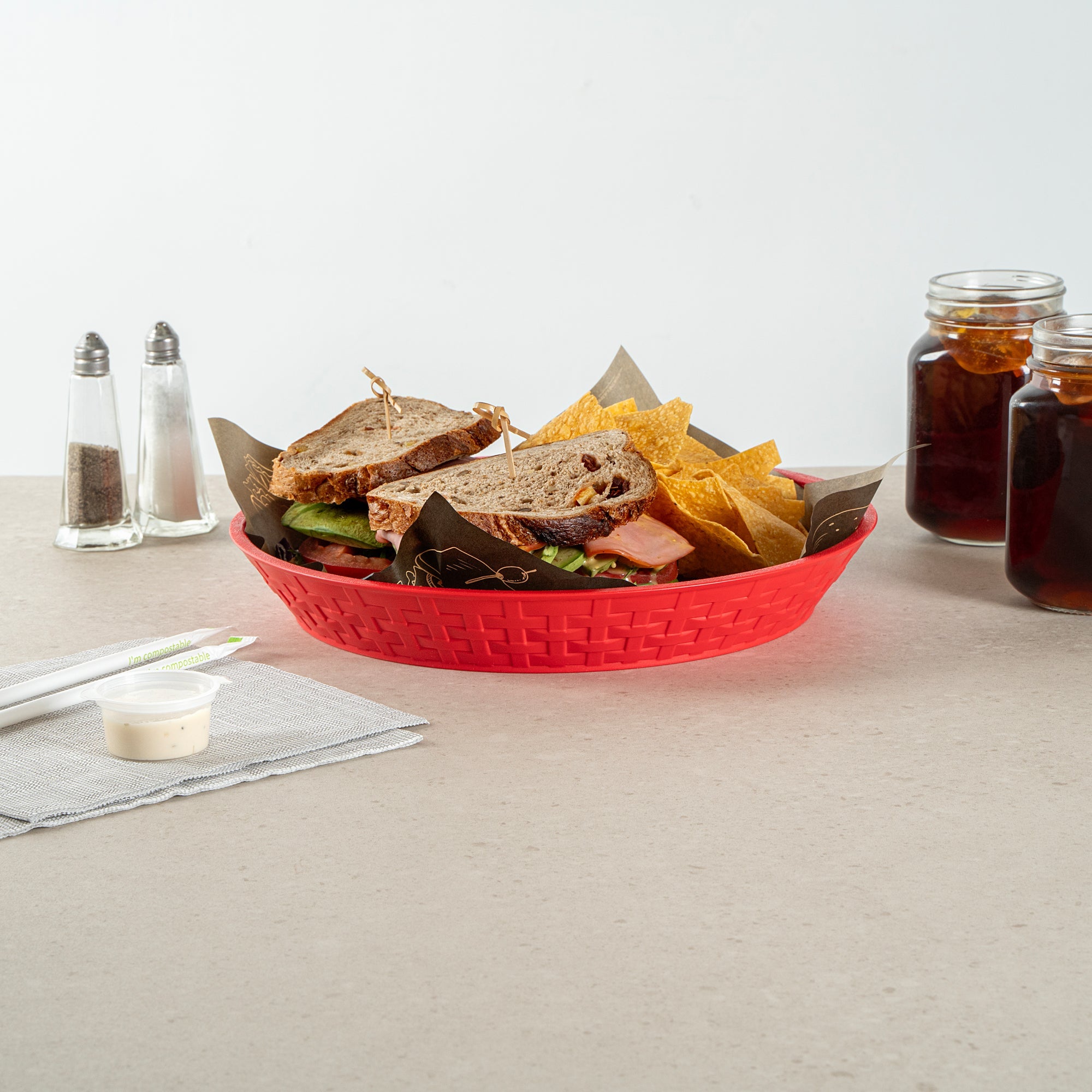 Chef 101 Round Red Plastic Diner Platter - 12" x 12" x 1 3/4" - 100 count box