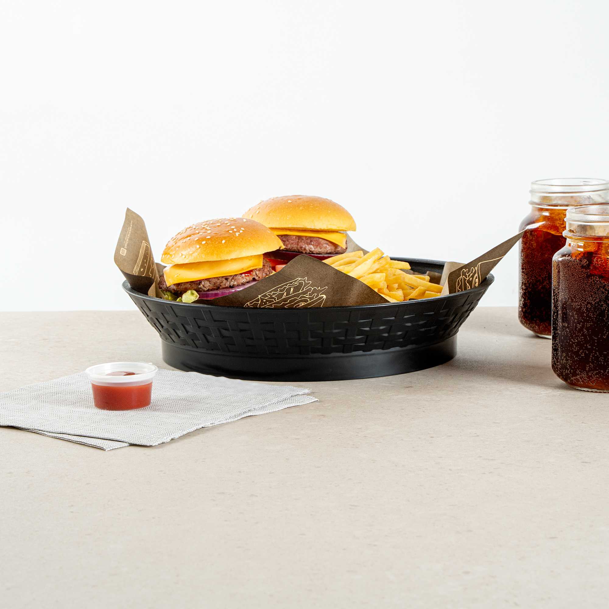 Chef 101 Round Black Plastic Diner Platter - with Base - 12" x 12" x 2 1/4" - 10 count box