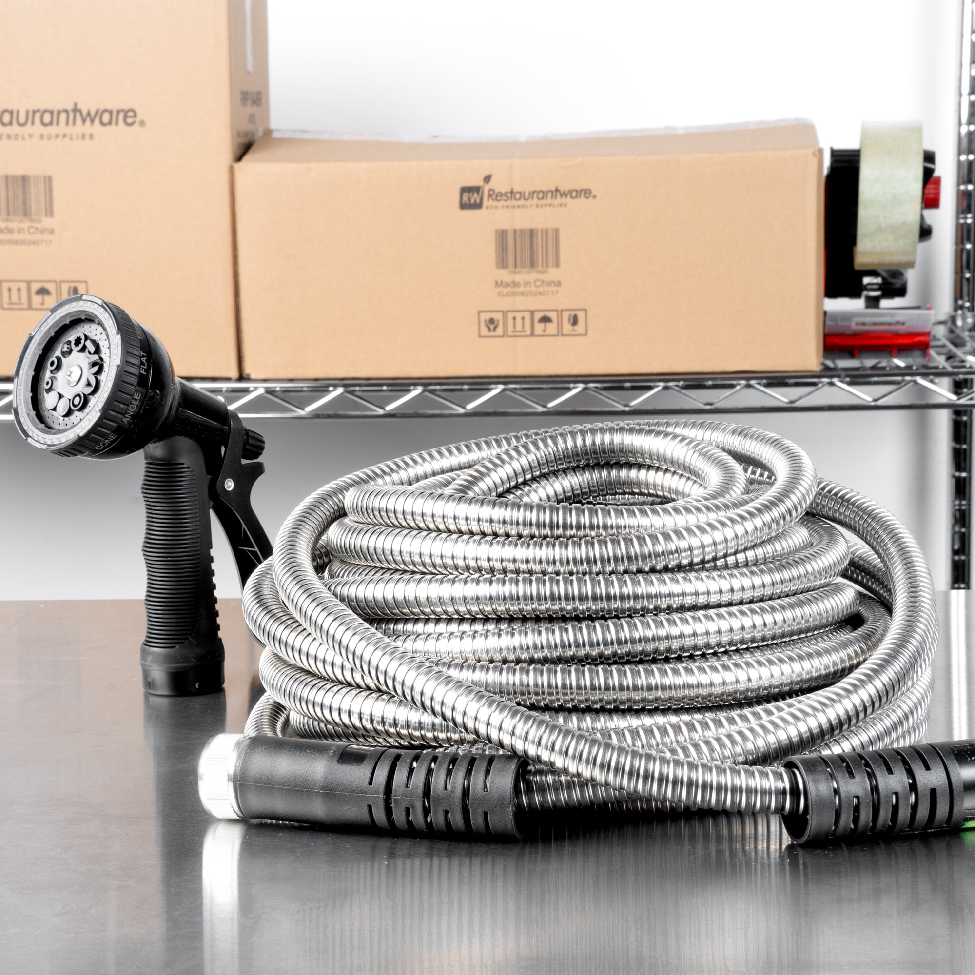 Handy Tek Stainless Steel Garden Hose - Heavy-Duty, Flexible, with 10 Function Nozzle - 50' - 1 count box