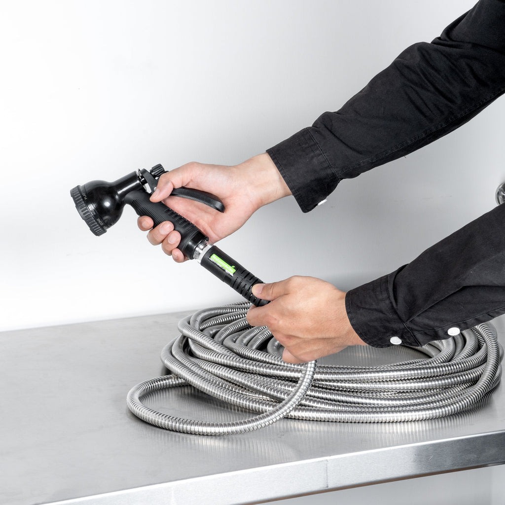 Handy Tek Stainless Steel Garden Hose - Heavy-Duty, Flexible, with 10 Function Nozzle - 50' - 1 count box