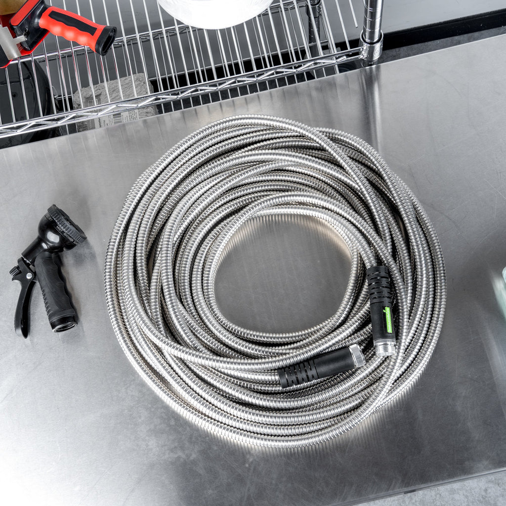 Handy Tek Stainless Steel Garden Hose - Heavy-Duty, Flexible, with 10 Function Nozzle - 50' - 1 count box