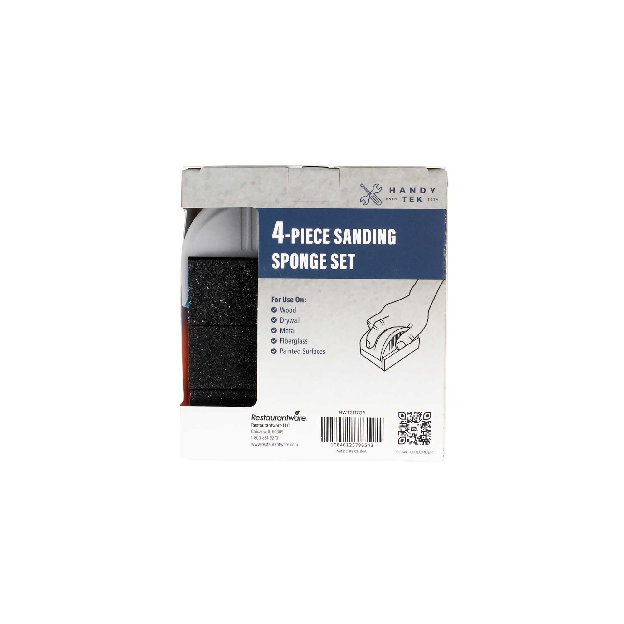 Handy Tek Assorted Grit Sanding Sponge Set - 4-Piece, Flat Edges, with Handle - 4 1/4" x 2 3/4" x 4 1/2" - 6 count box