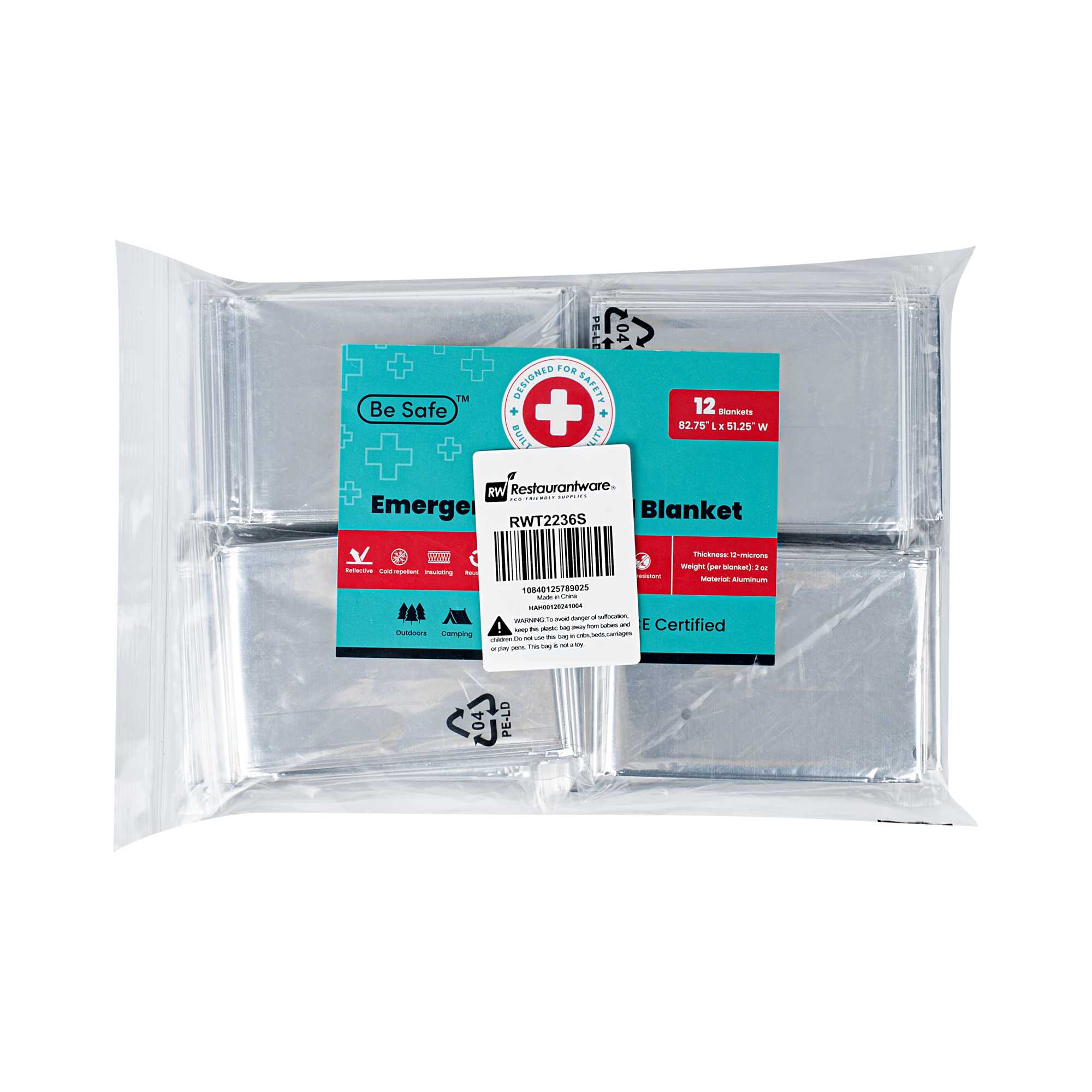 Be Safe Emergency Thermal Blanket - 82 3/4" x 51 1/4" - 12 count box