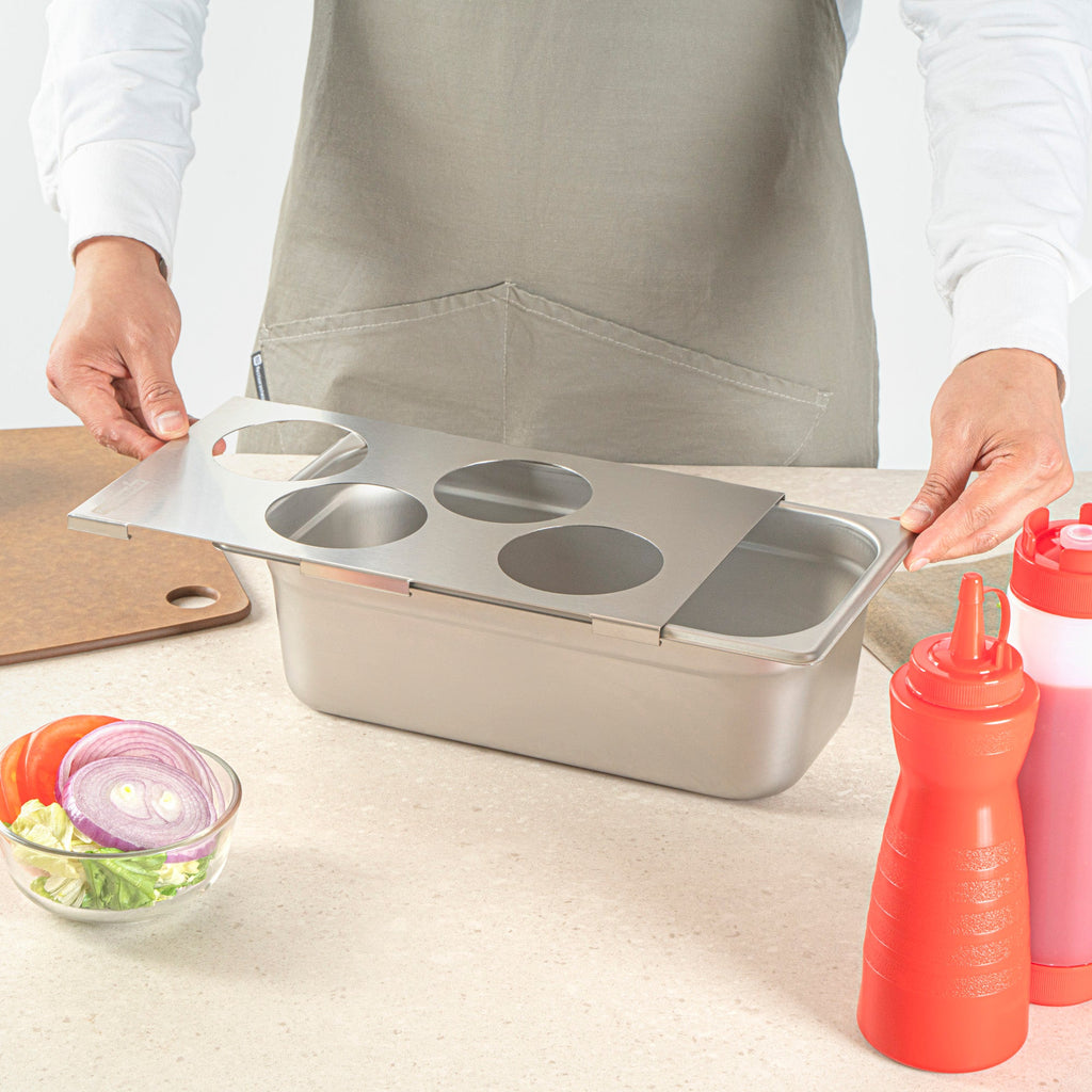 Met Lux Four Hole Stainless Steel Squeeze Bottle Holder Top - Fits 1/3 Size Pans - 12 3/4" x 7" - 1 count box