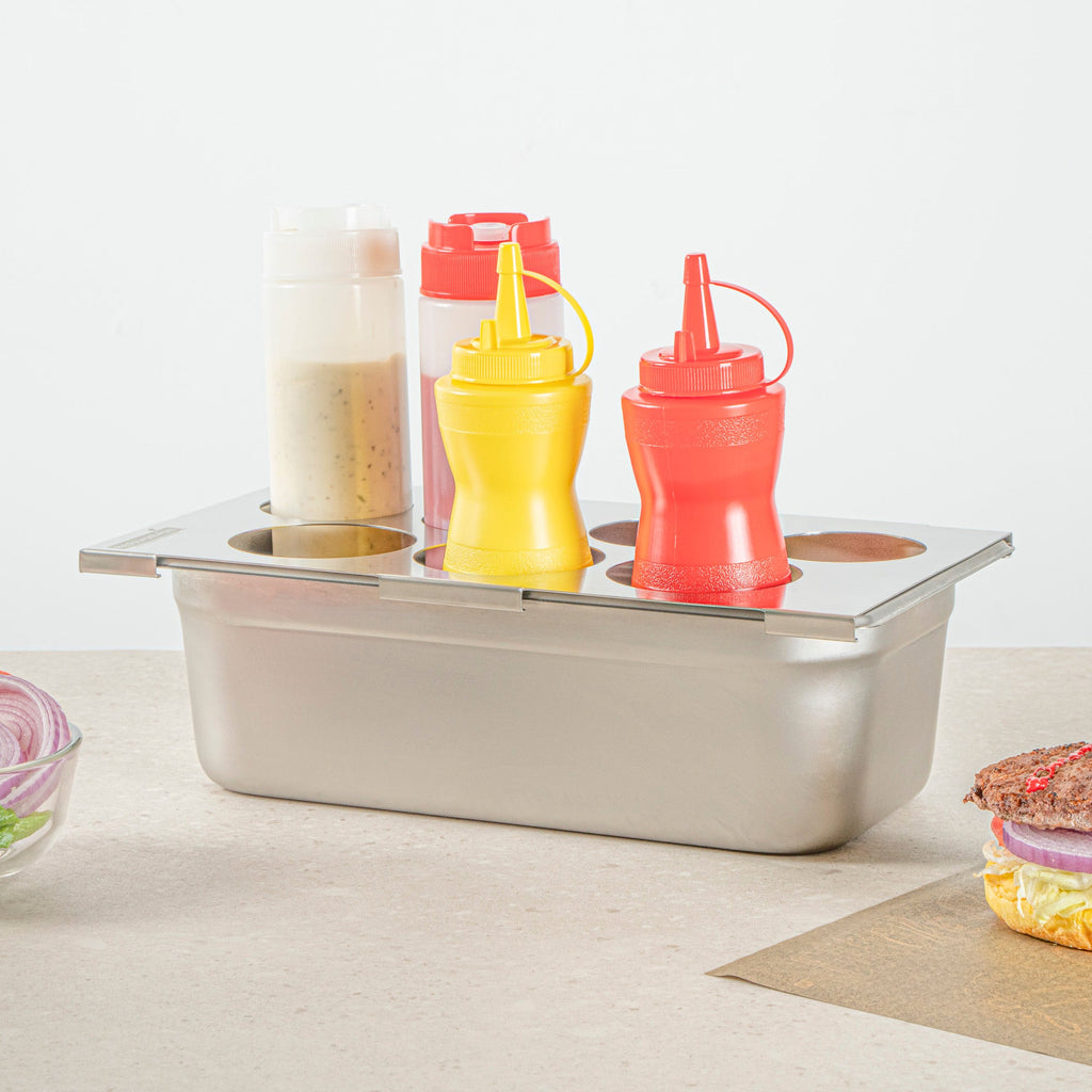 Met Lux Seven Hole Stainless Steel Squeeze Bottle Holder Top - Fits 1/3 Size Pans - 12 3/4" x 7" - 1 count box