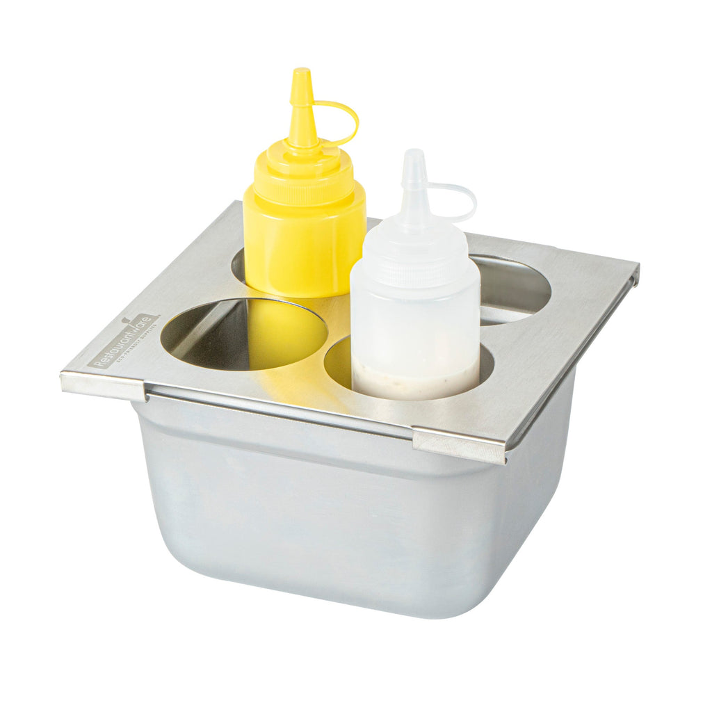 Met Lux Four Hole Stainless Steel Squeeze Bottle Holder Top - Fits 1/6 Size Pans - 6 1/4" x 7" - 1 count box