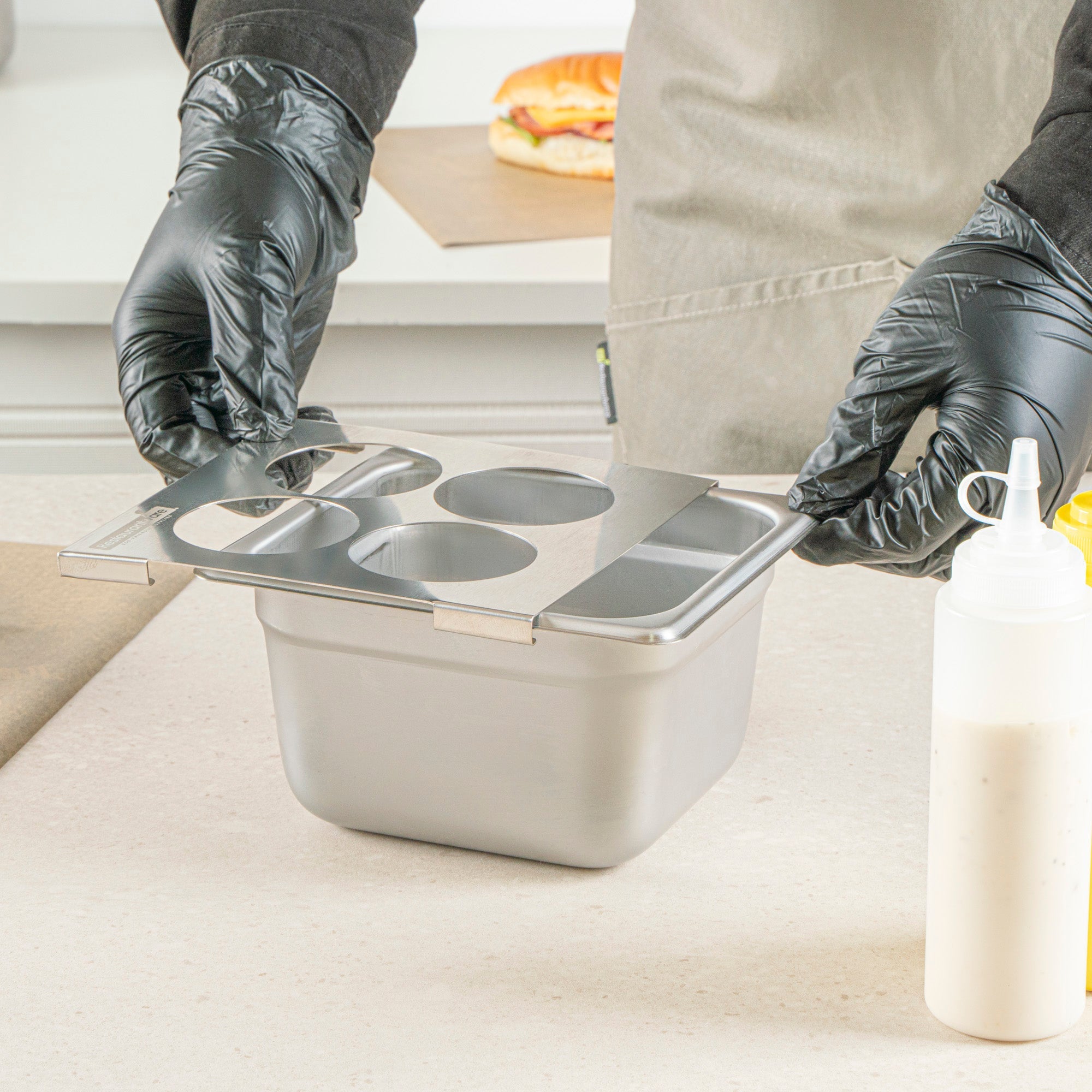 Met Lux Four Hole Stainless Steel Squeeze Bottle Holder Top - Fits 1/6 Size Pans - 6 1/4" x 7" - 1 count box