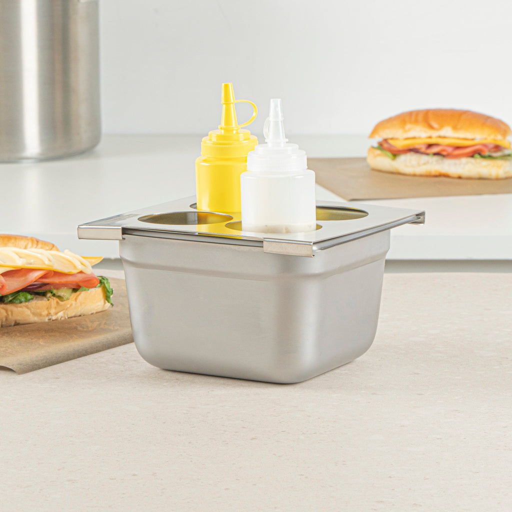 Met Lux Four Hole Stainless Steel Squeeze Bottle Holder Top - Fits 1/6 Size Pans - 6 1/4" x 7" - 1 count box