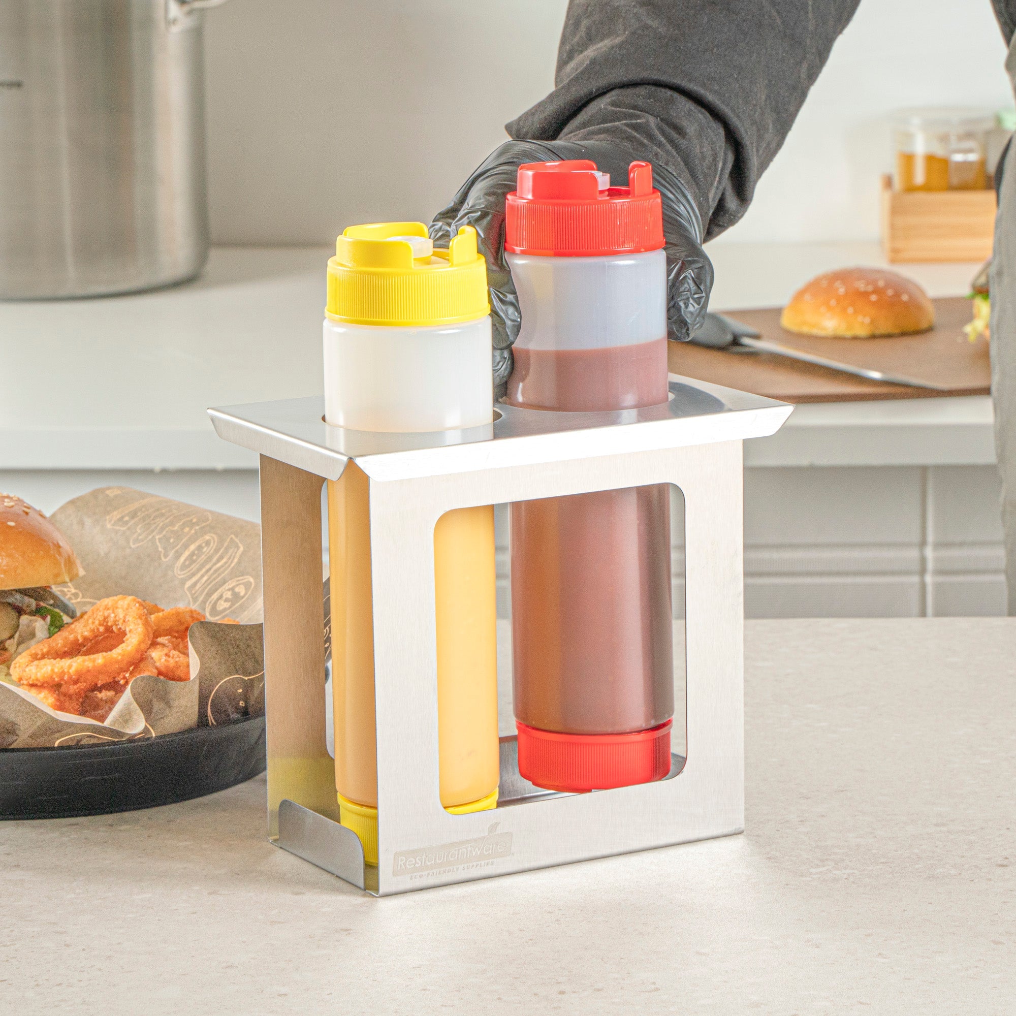 Met Lux Two Hole Stainless Steel Squeeze Bottle Holder - Fits 1/9 Size Opening - 7" x 4 1/2" x 6 1/4" - 1 count box