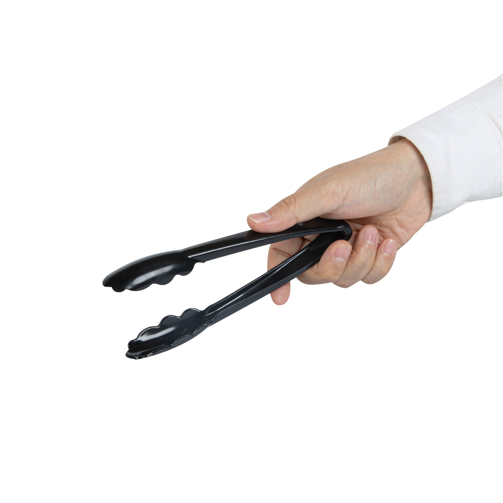 Cater Tek Black Heavy-Duty Disposable Plastic Tongs - Scalloped - 7 1/2" - 10 count box