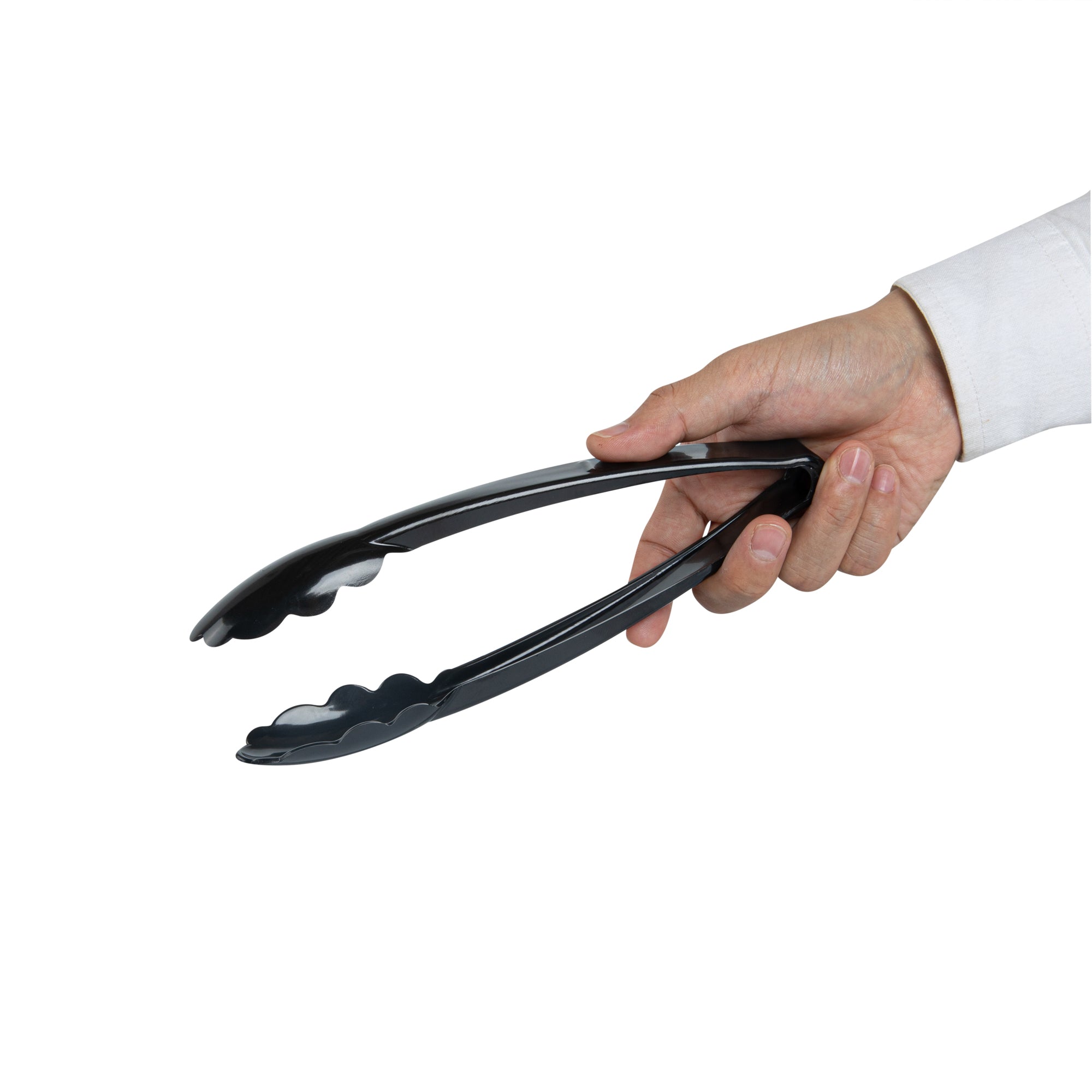 Cater Tek Black Heavy-Duty Disposable Plastic Tongs - Scalloped - 9" - 10 count box