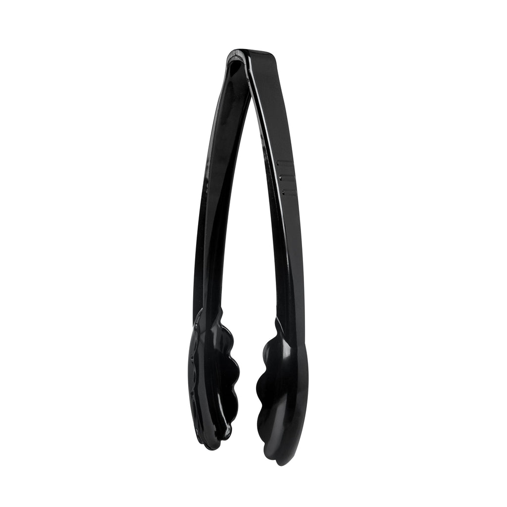 Cater Tek Black Heavy-Duty Disposable Plastic Tongs - Scalloped - 9" - 100 count box