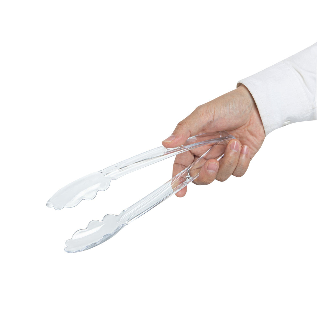 Cater Tek Clear Heavy-Duty Disposable Plastic Tongs - Scalloped - 9" - 100 count box