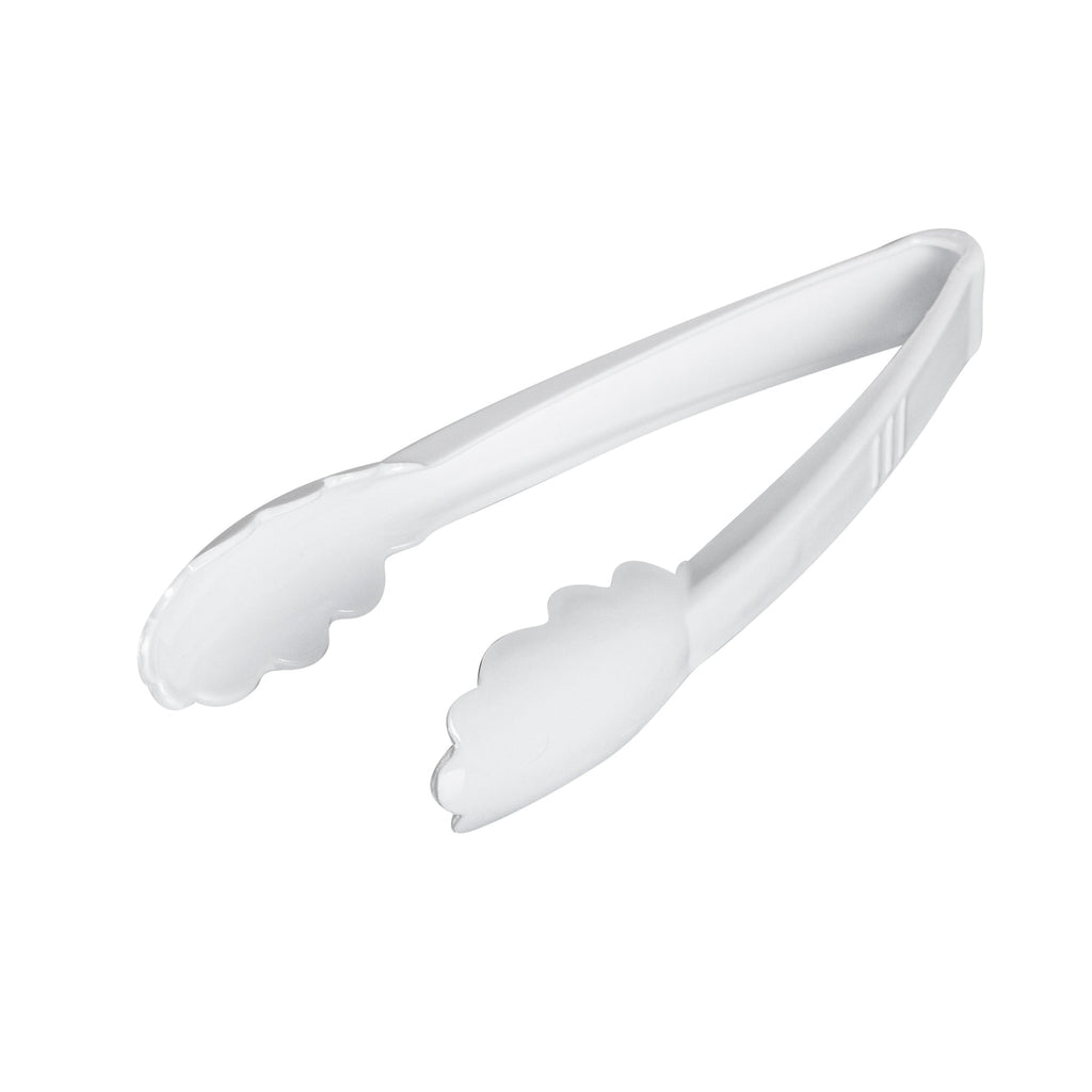 Cater Tek White Heavy-Duty Disposable Plastic Tongs - Scalloped - 9" - 10 count box