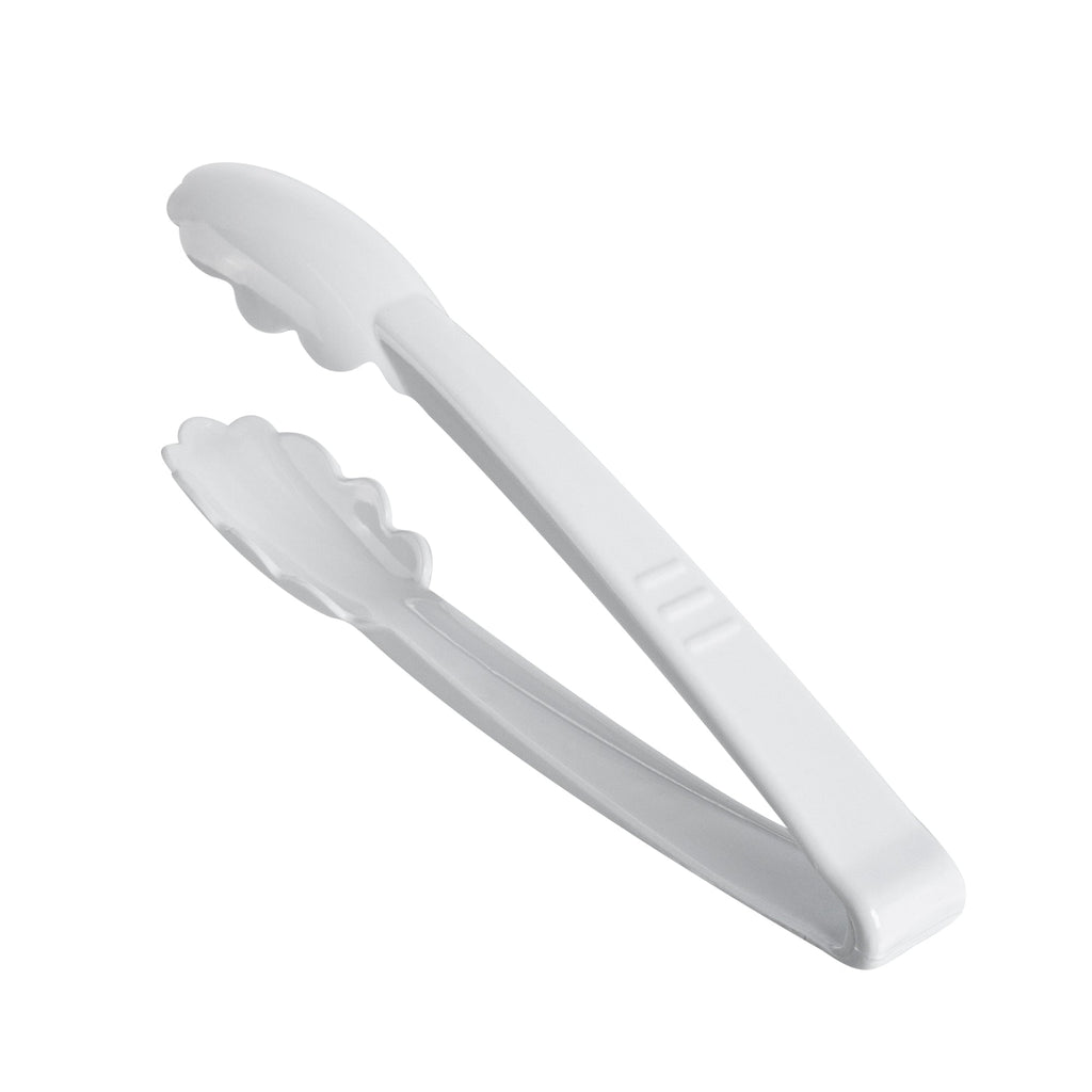 Cater Tek White Heavy-Duty Disposable Plastic Tongs - Scalloped - 9" - 10 count box