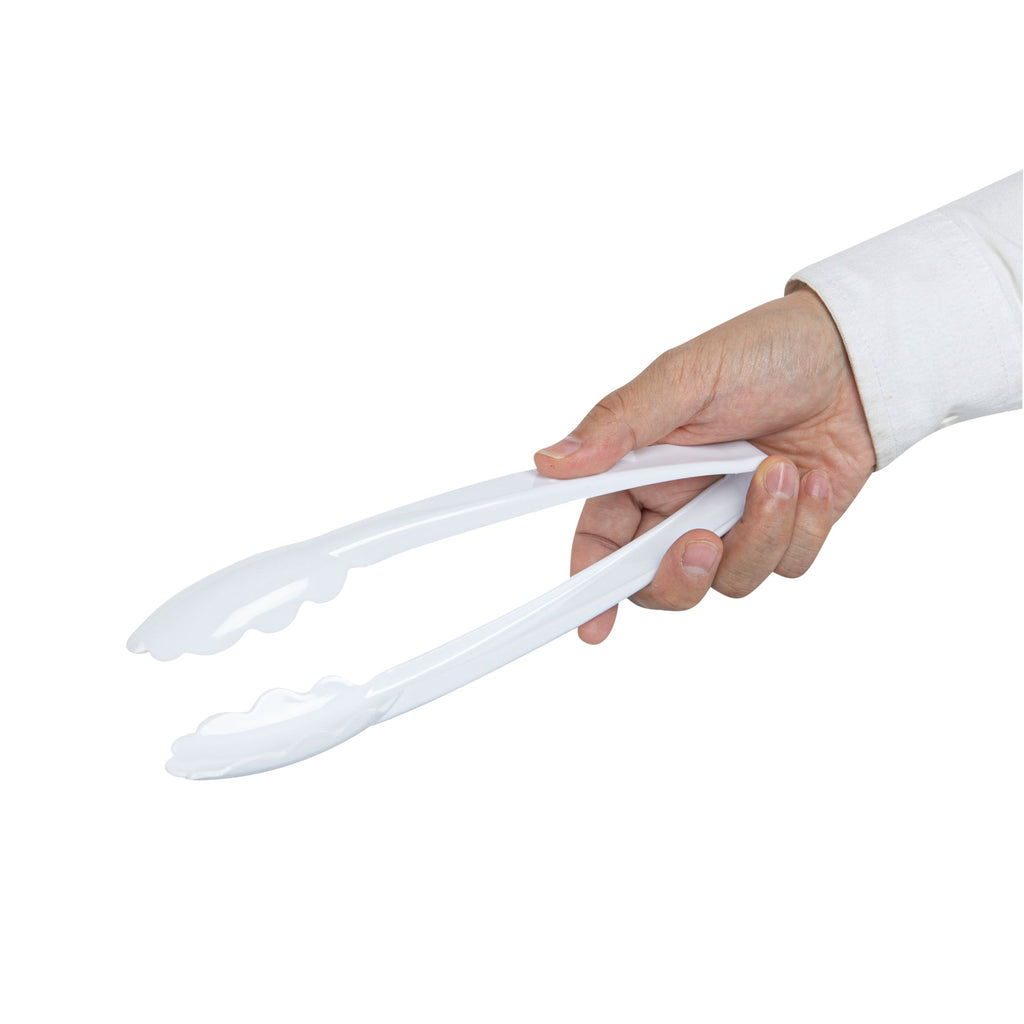 Cater Tek White Heavy-Duty Disposable Plastic Tongs - Scalloped - 9" - 10 count box