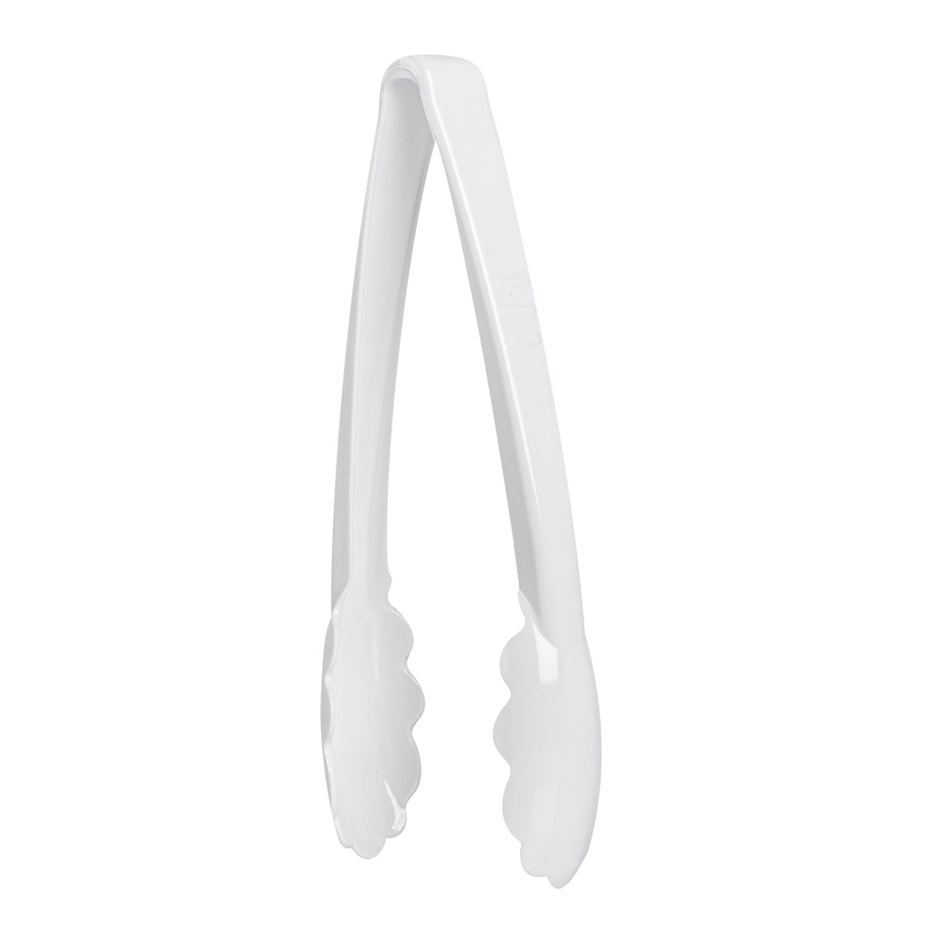 Cater Tek White Heavy-Duty Disposable Plastic Tongs - Scalloped - 9" - 10 count box