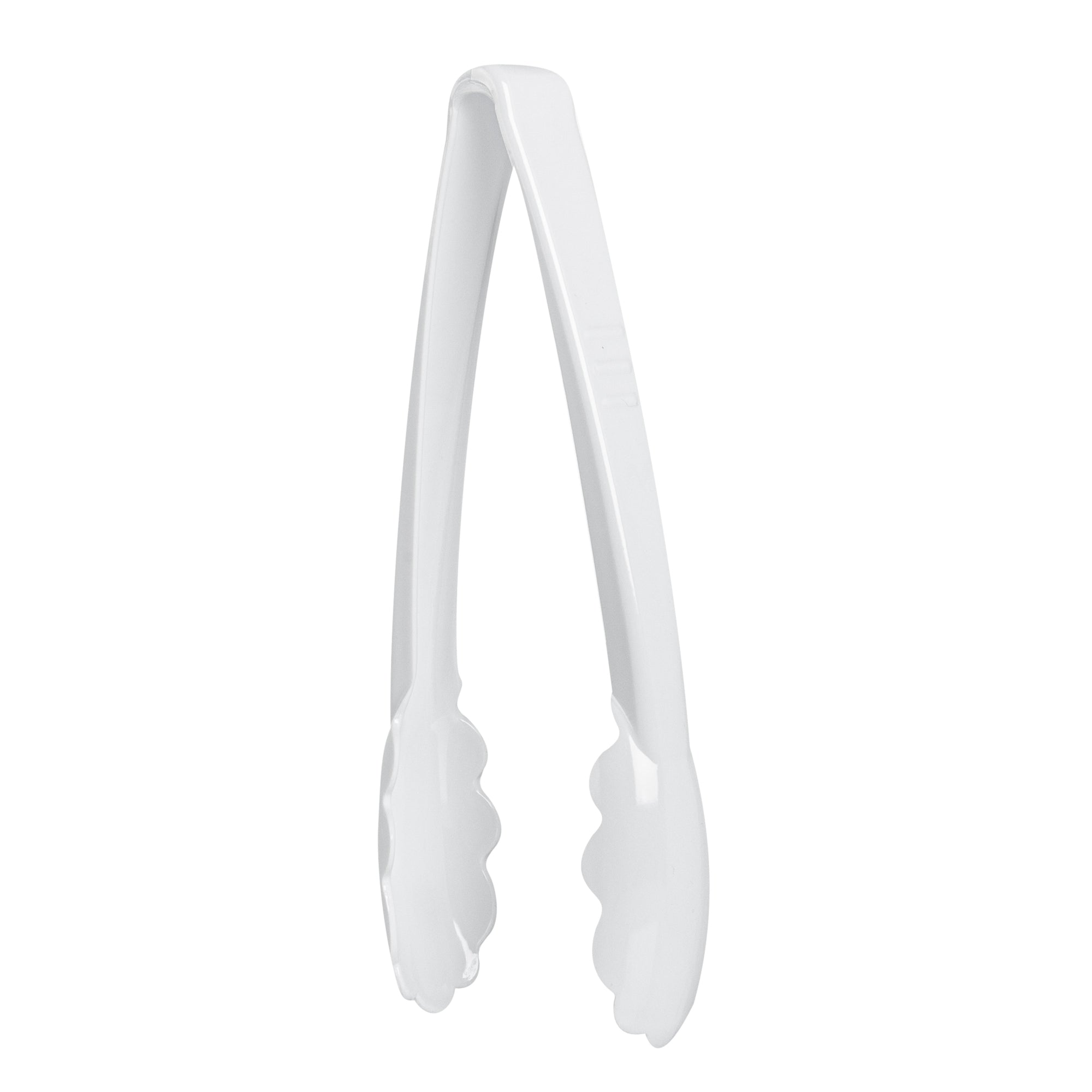 Cater Tek White Heavy-Duty Disposable Plastic Tongs - Scalloped - 9" - 10 count box