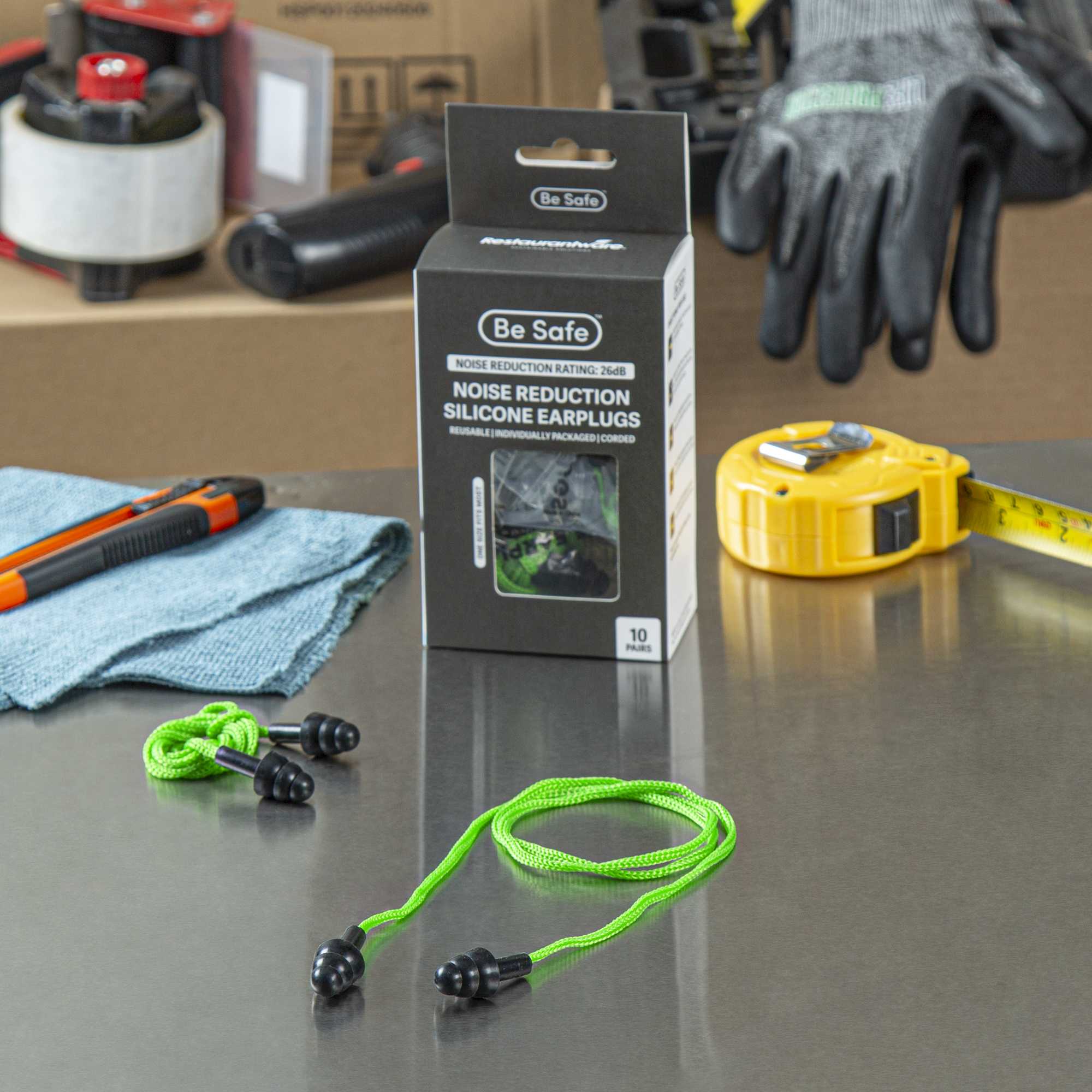Be Safe Black and Green Silicone Corded Earplugs - 10 pairs
