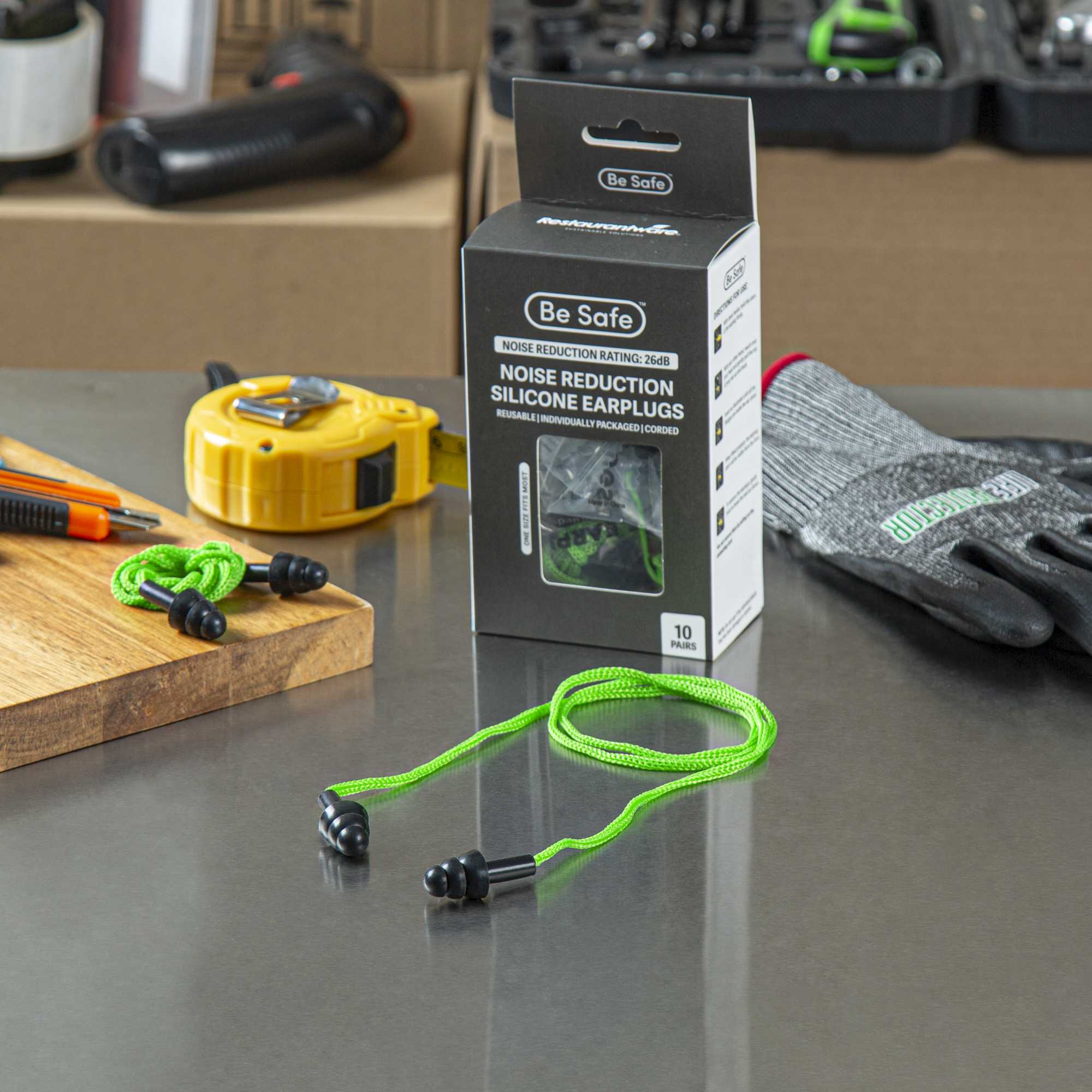 Be Safe Black and Green Silicone Corded Earplugs - 10 pairs