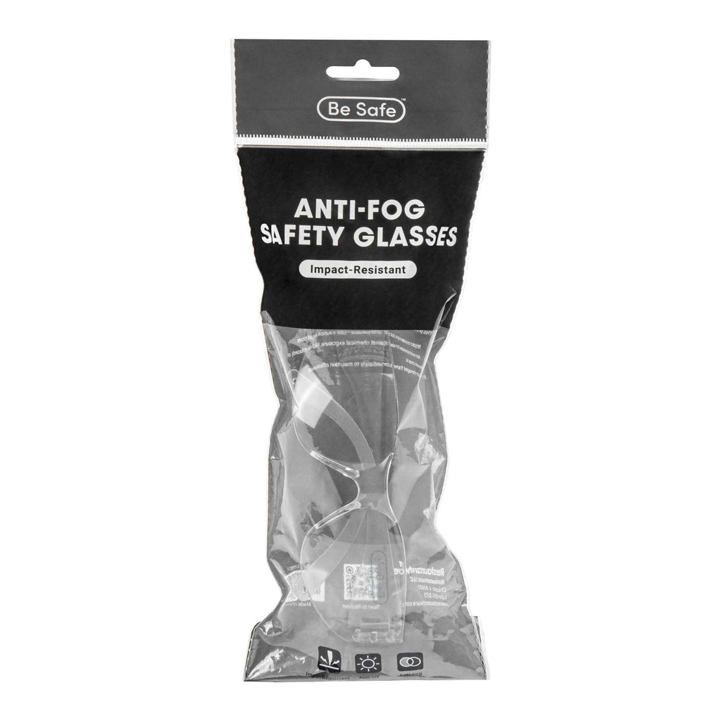Be Safe Safety Glasses - Anti-Fog, Clear Frame with Clear Lens - 10 count box