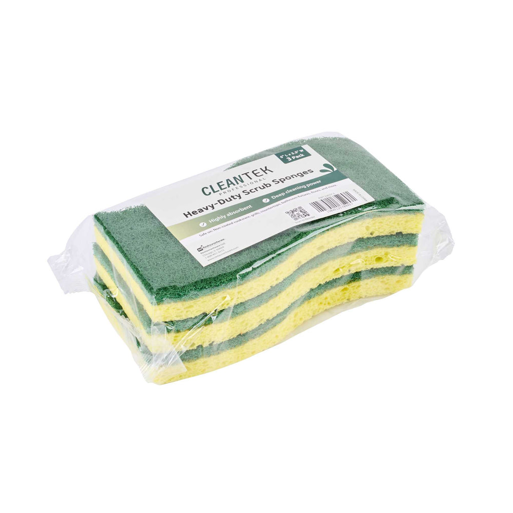 Clean Tek Professional Yellow Cellulose Sponge / Green Heavy-Duty Scouring Pad Combo - 6" x 3 1/2" x 3/4" - 3 count box
