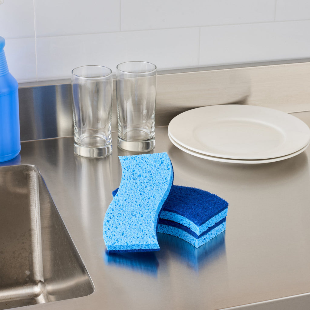 Clean Tek Professional Light Blue Cellulose Sponge / Dark Blue Medium-Duty Scouring Pad Combo - 6" x 3 1/2" x 3/4" - 60 count box