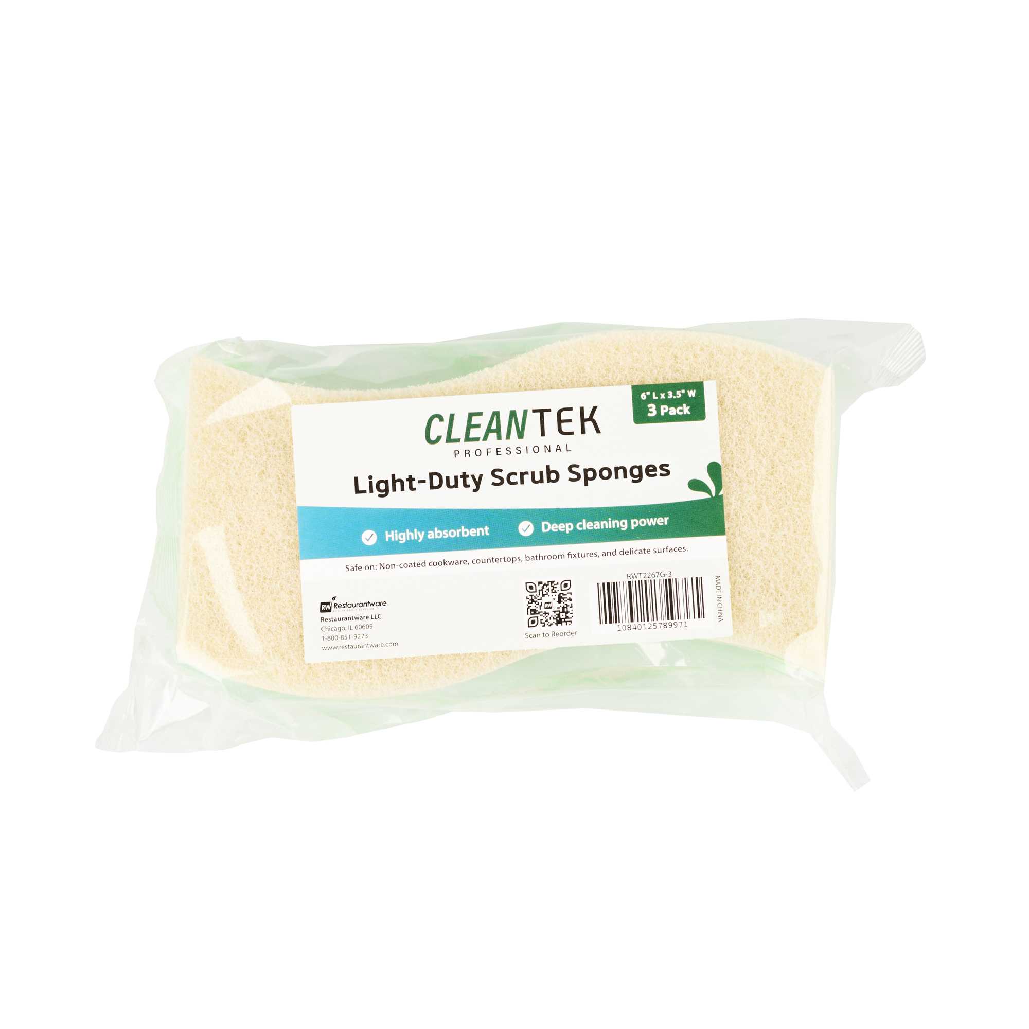 Clean Tek Professional Green Cellulose Sponge / White Light-Duty Scouring Pad Combo - 6" x 3 1/2" x 3/4" - 3 count box