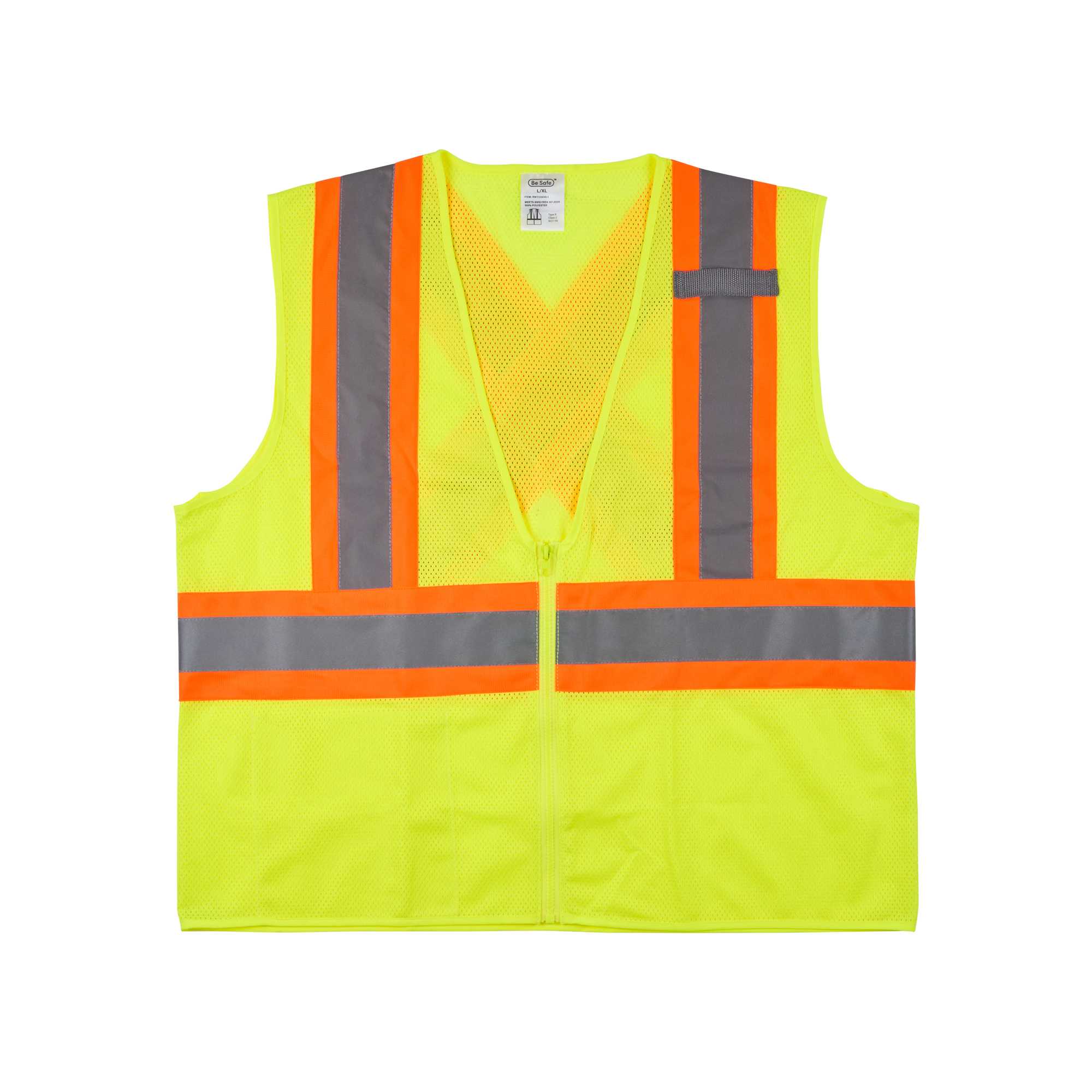 Be Safe Type R Class 2 Lime L/XL High Visibility X-Back Reflective Tape Mesh Safety Vest - Zipper Closure - 1 count box