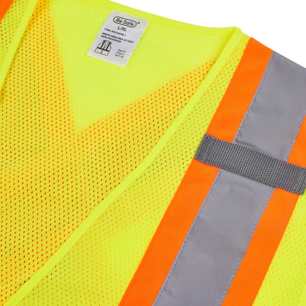 Be Safe Type R Class 2 Lime L/XL High Visibility X-Back Reflective Tape Mesh Safety Vest - Zipper Closure - 1 count box