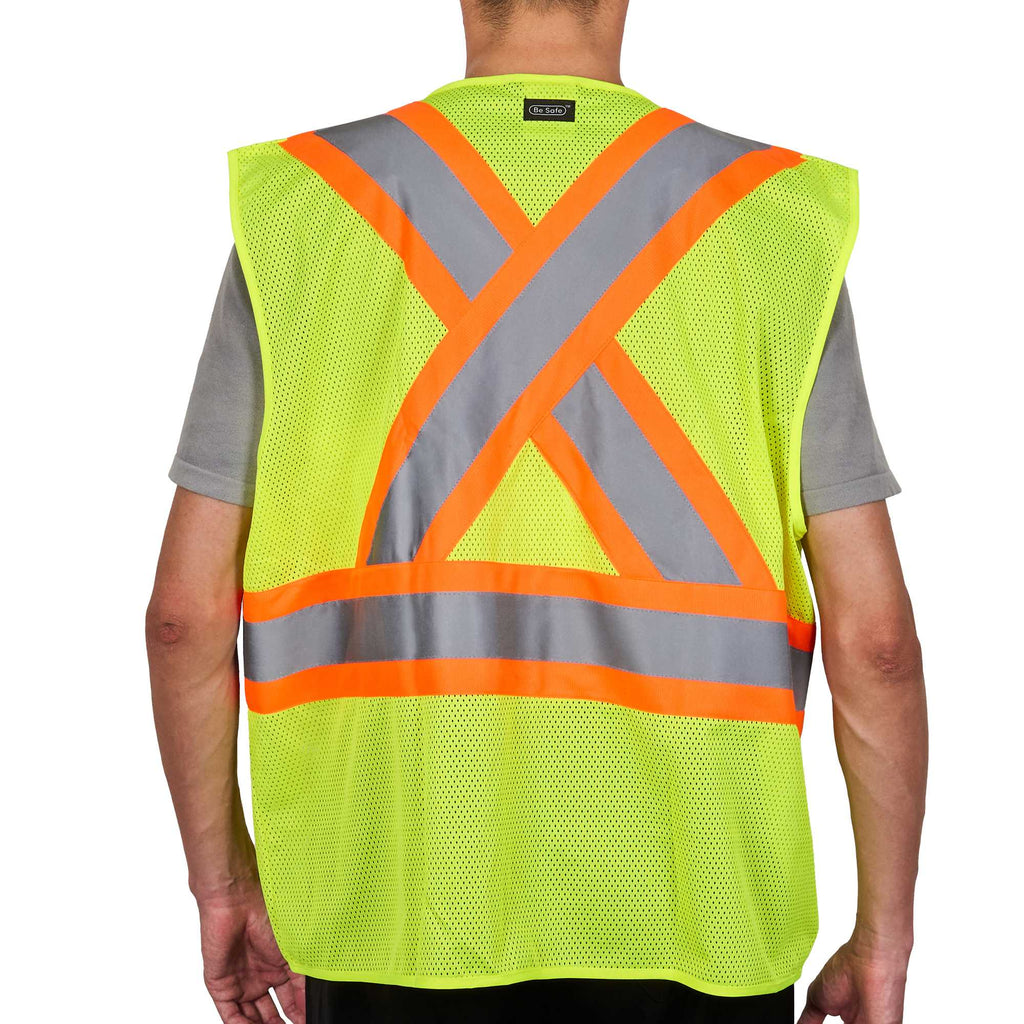 Be Safe Type R Class 2 Lime L/XL High Visibility X-Back Reflective Tape Mesh Safety Vest - Zipper Closure - 20 count box